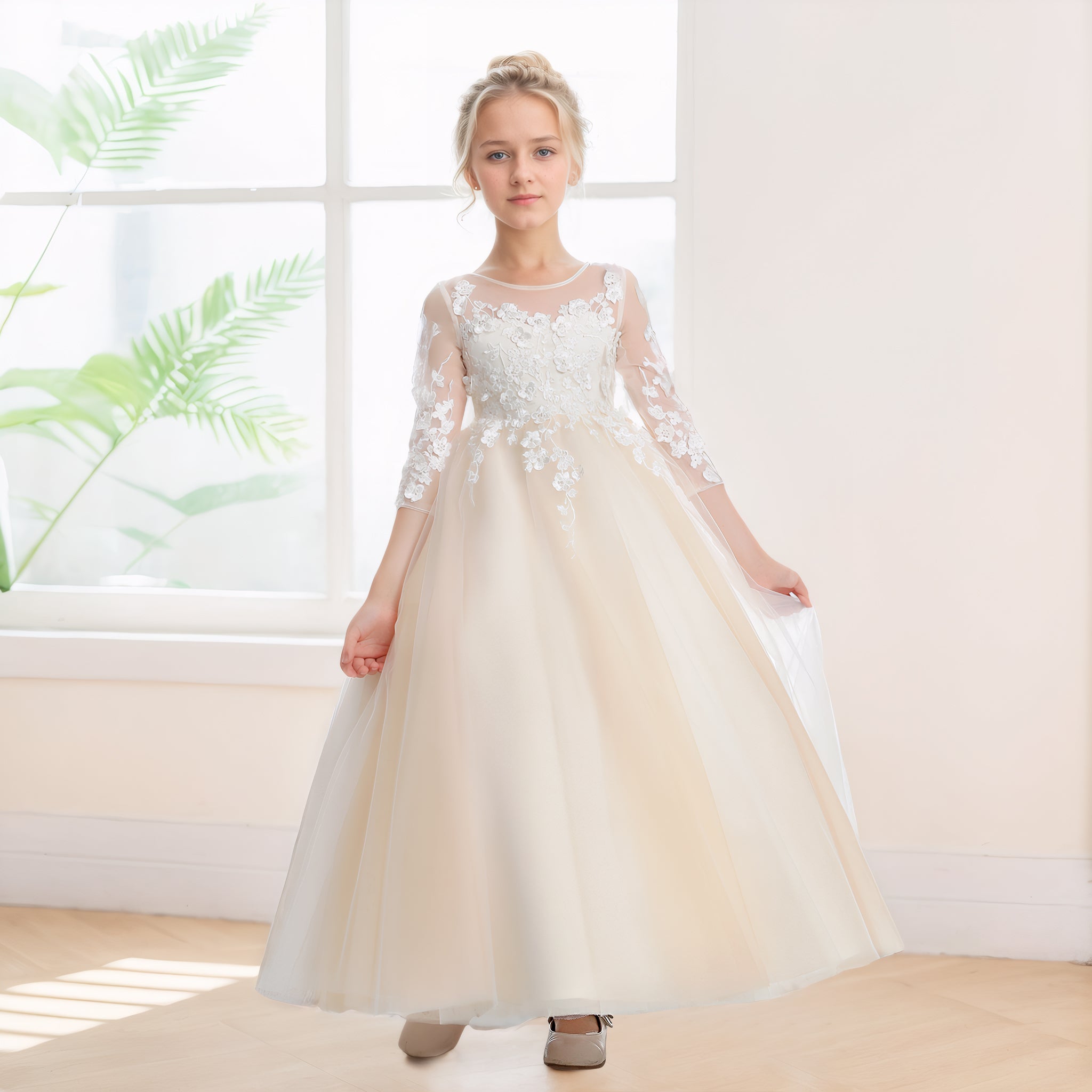 Robes De Fille En Tulle À Col Rond Appliqués Perles