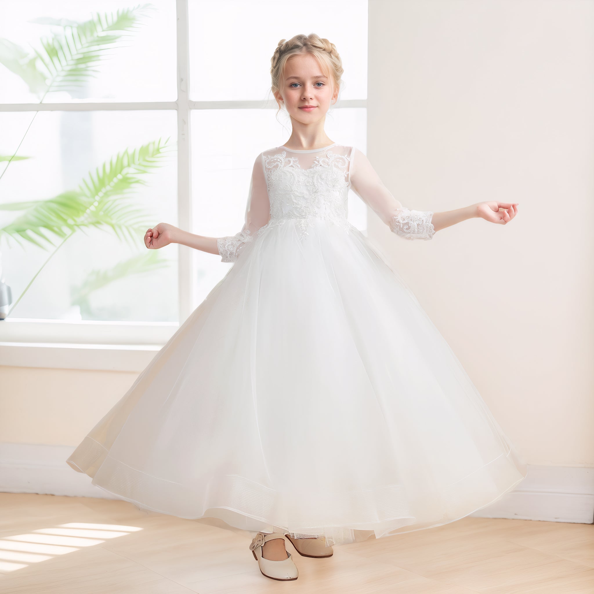 Robes De Fille En Tulle À Dentelle Appliqués Col Rond