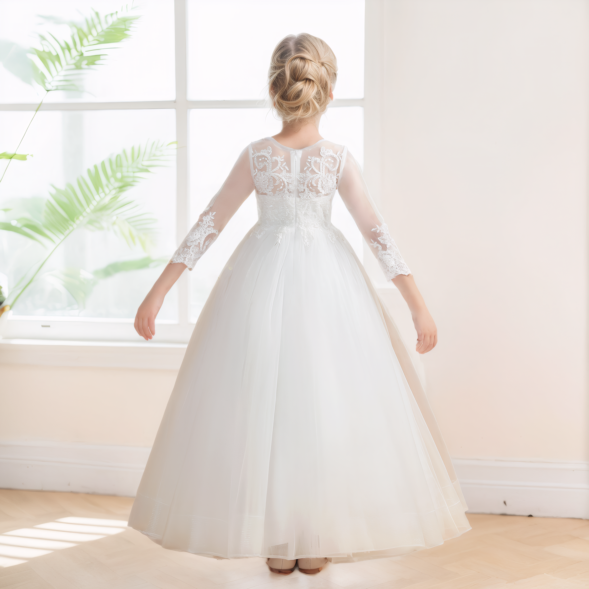 Robes De Fille En Tulle À Dentelle Appliqués Col Rond