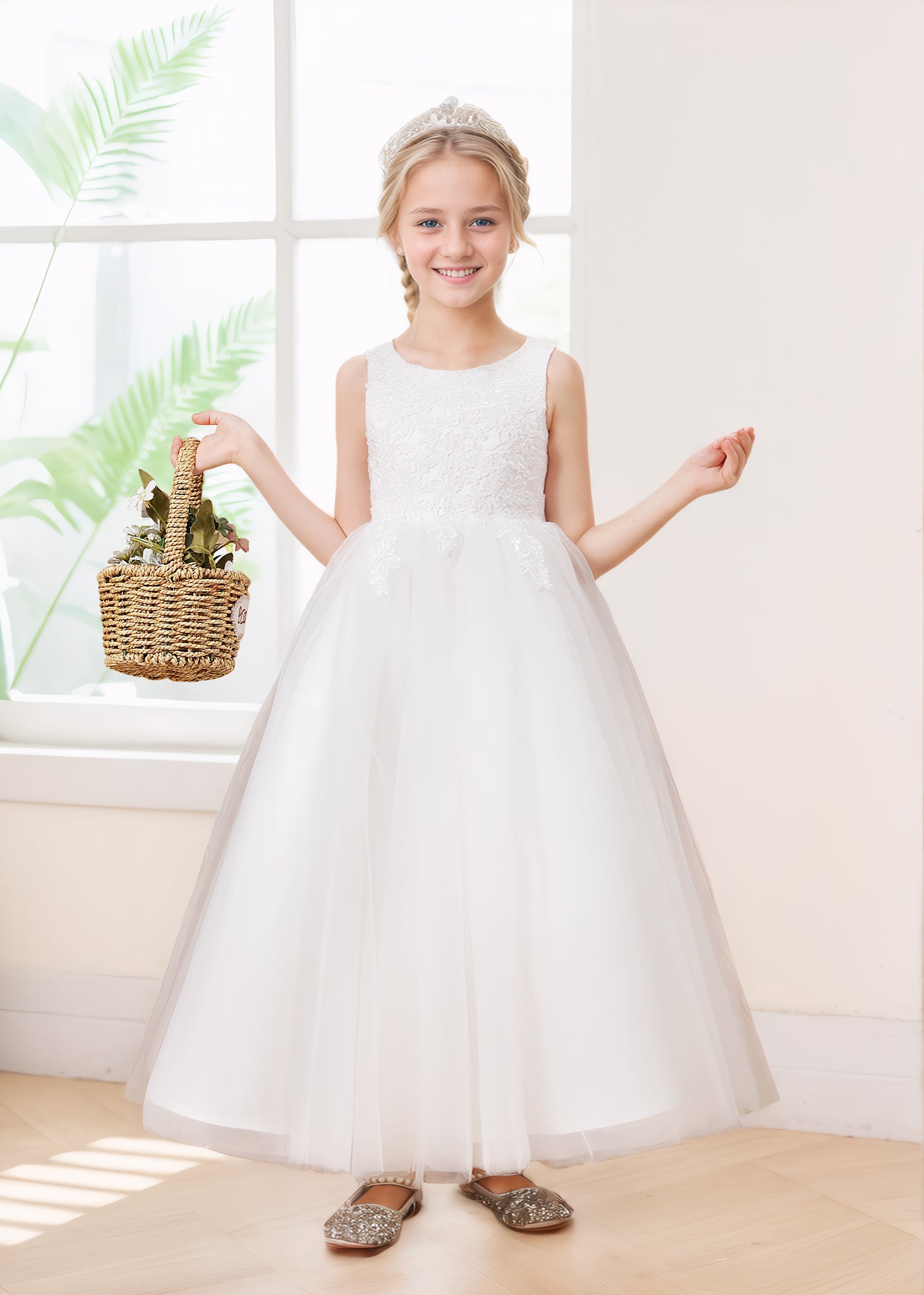 Robes De Fille En Tulle À Dentelle Appliqués Sans Manches