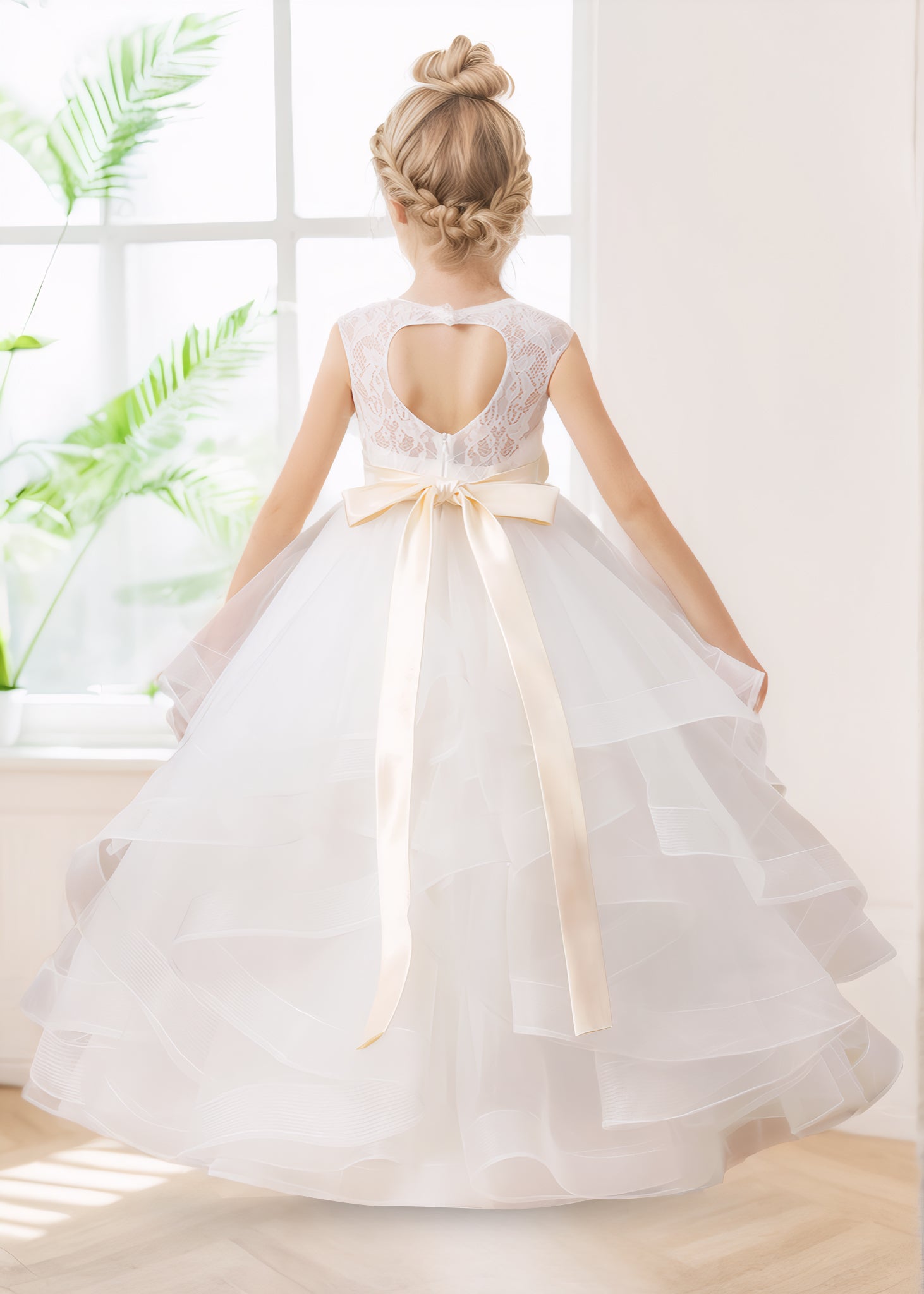 Robes De Fille En Tulle À Dentelle Volants Col Rond Longue