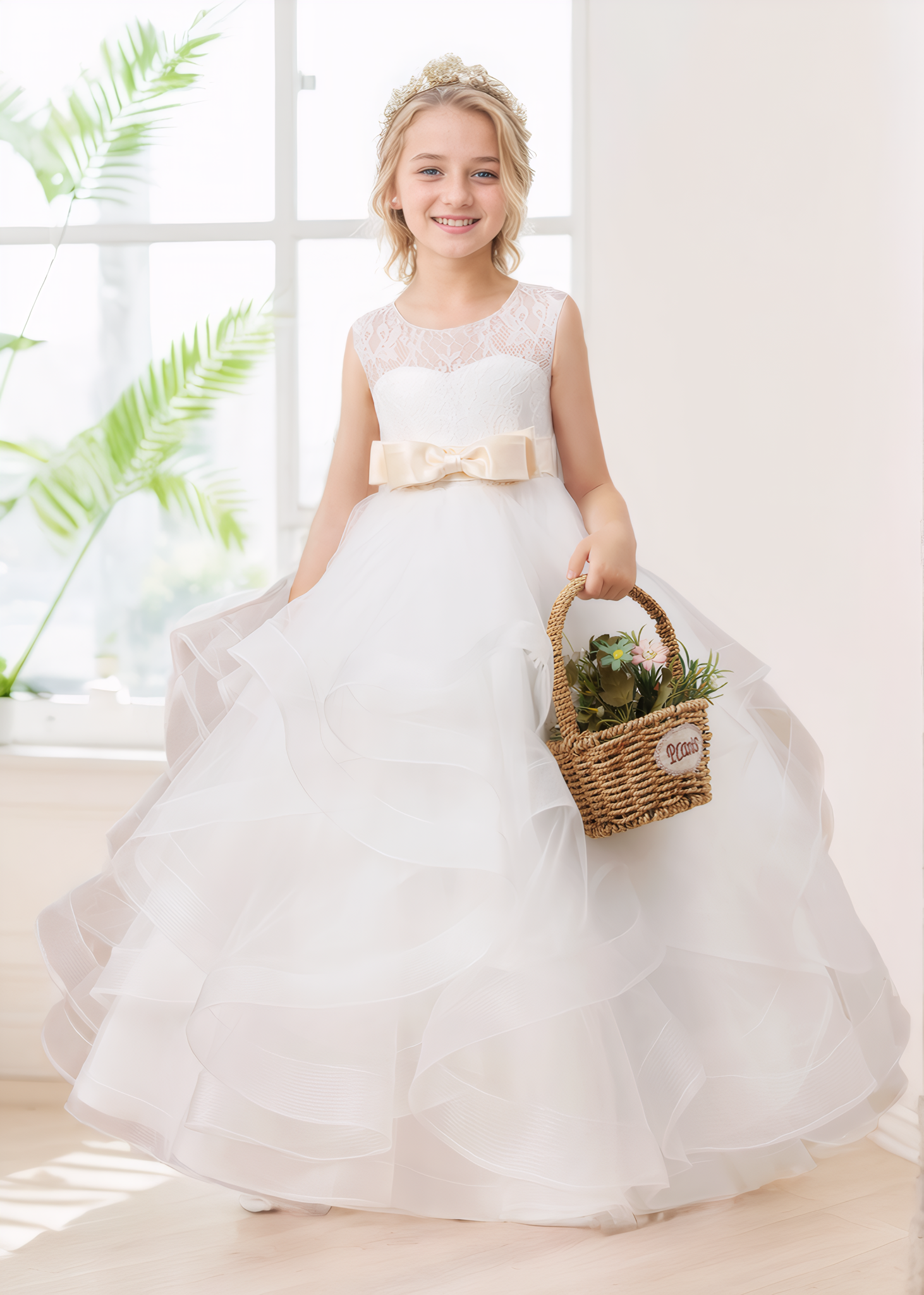 Robes De Fille En Tulle À Dentelle Volants Col Rond Longue
