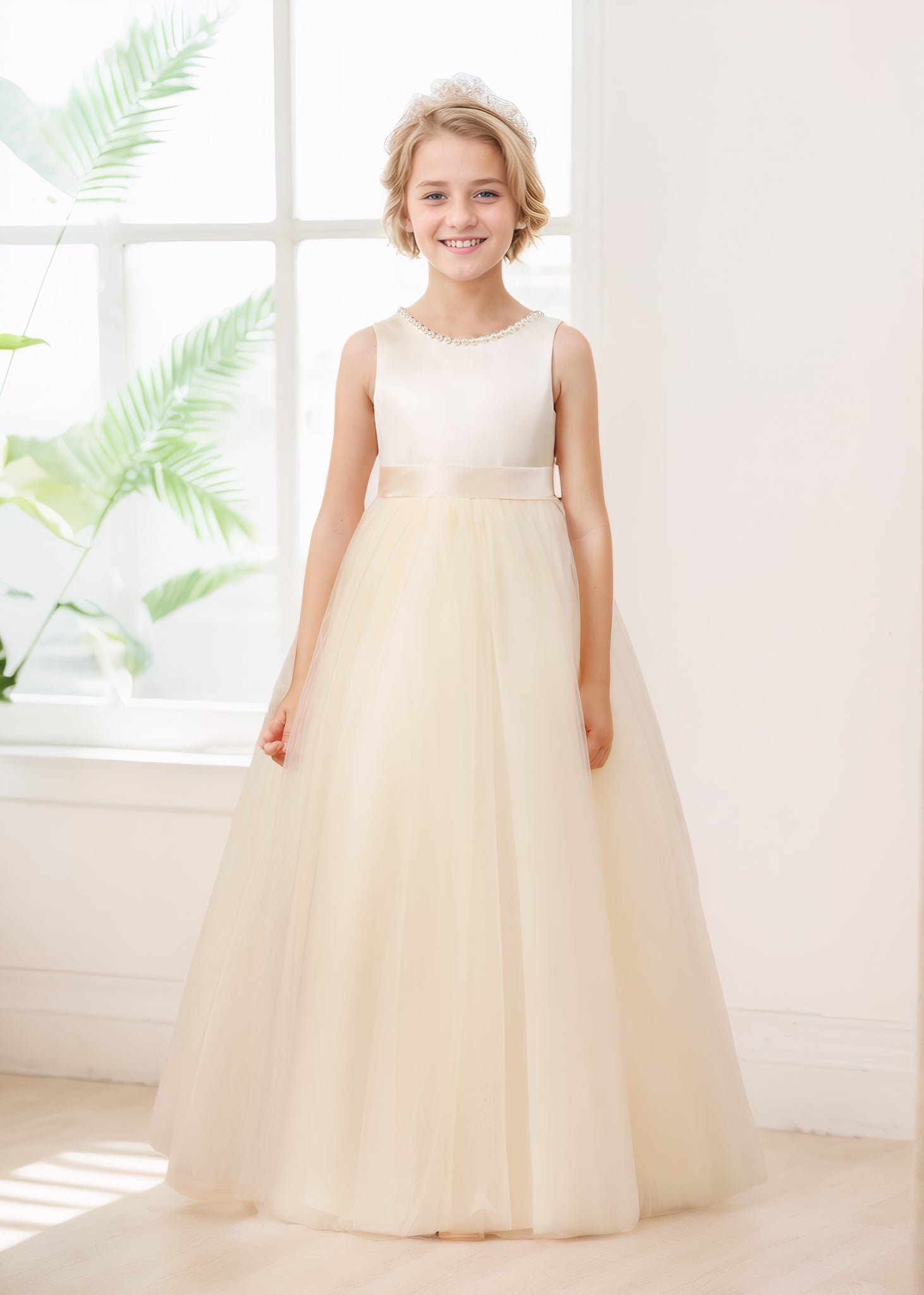 Robes De Fille En Tulle À Perles Noeud Papillon Col Rond