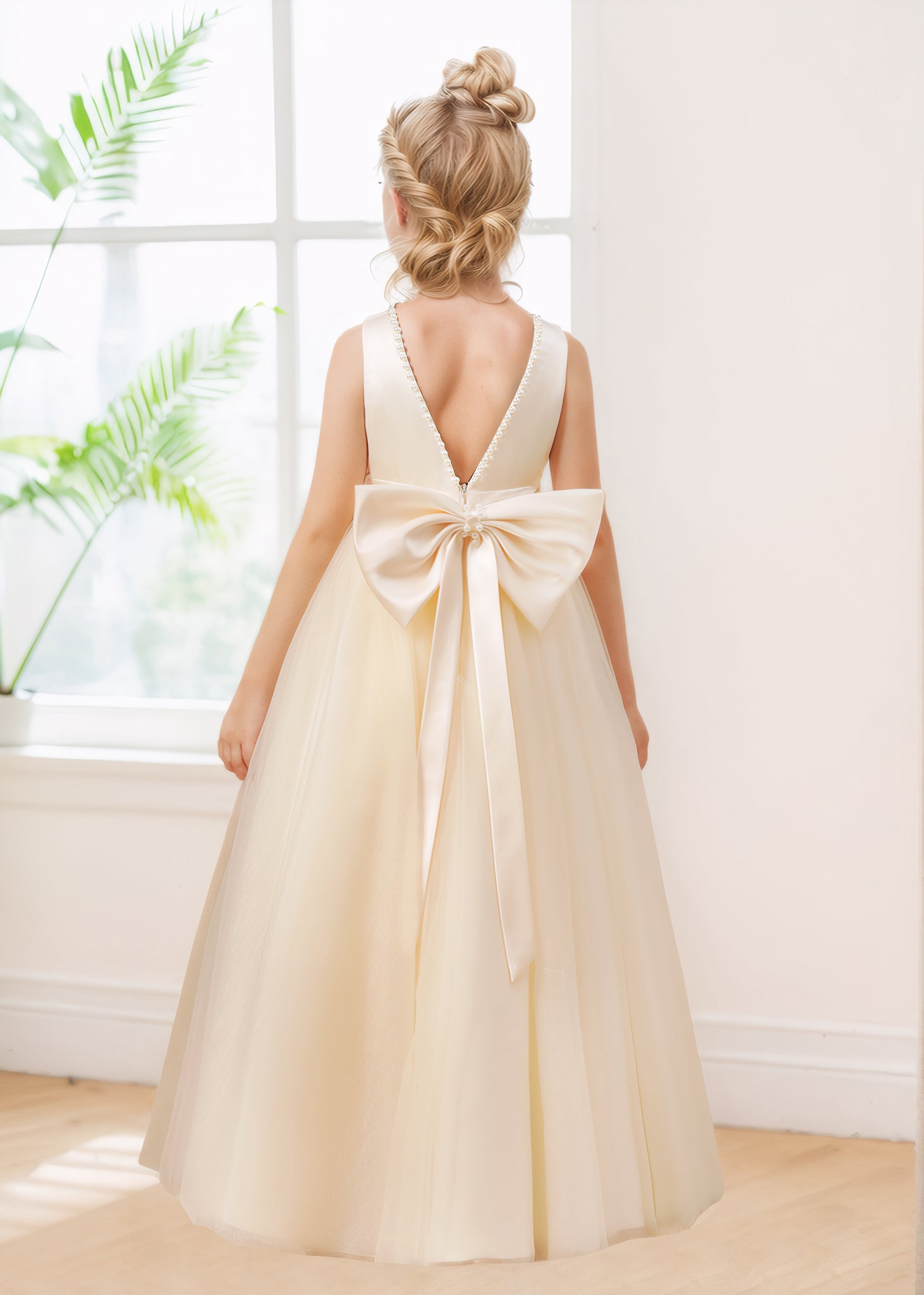 Robes De Fille En Tulle À Perles Noeud Papillon Col Rond