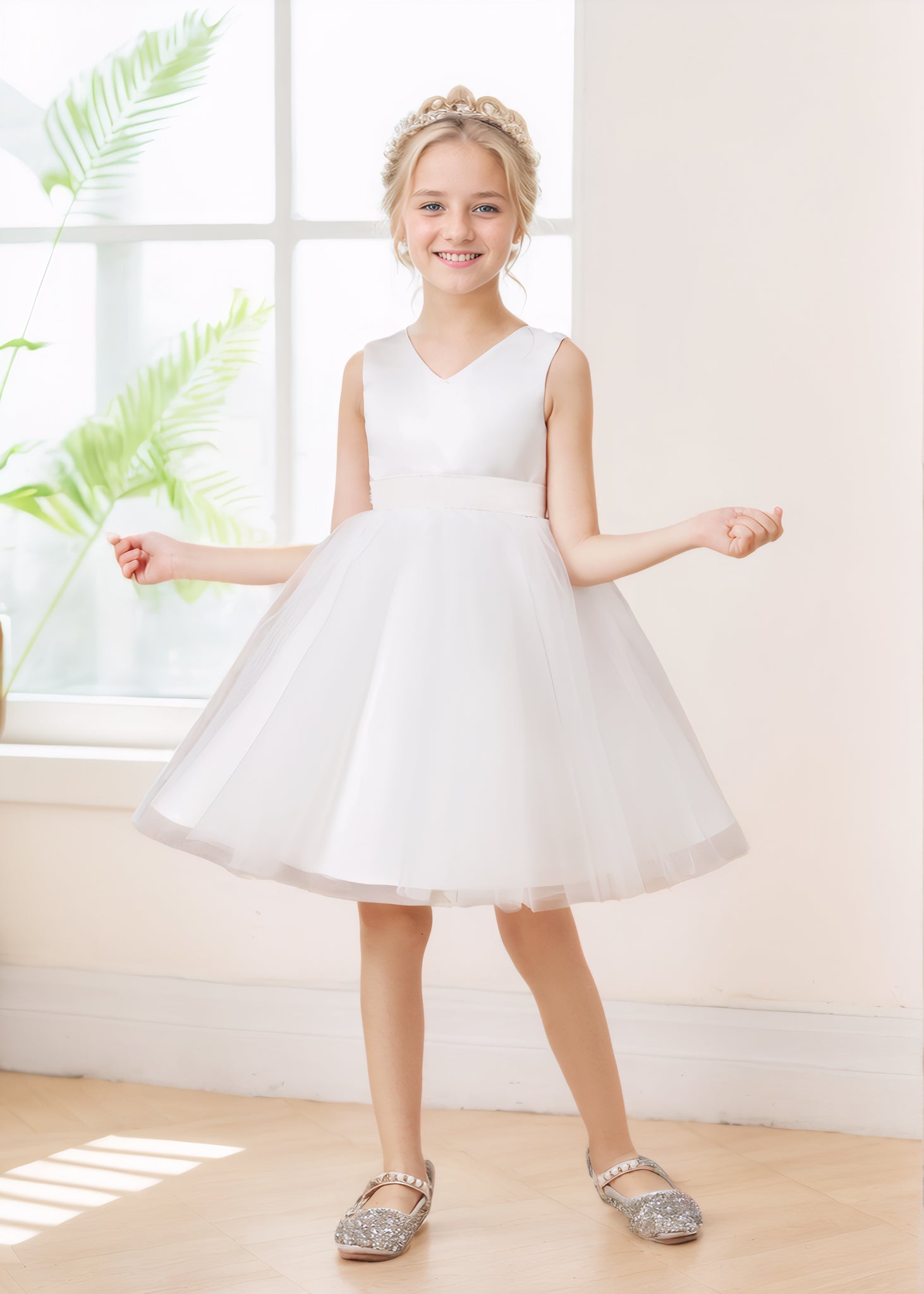 Robes De Fille En Tulle À Sans Manches Col V Longueur Aux Genoux