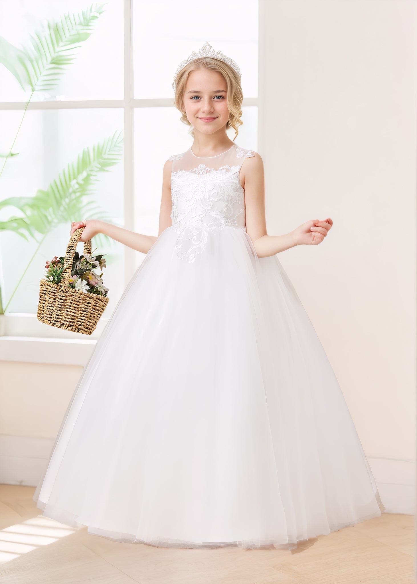Robes De Fille En Tulle À Sans Manches Dentelle Appliqués Longue