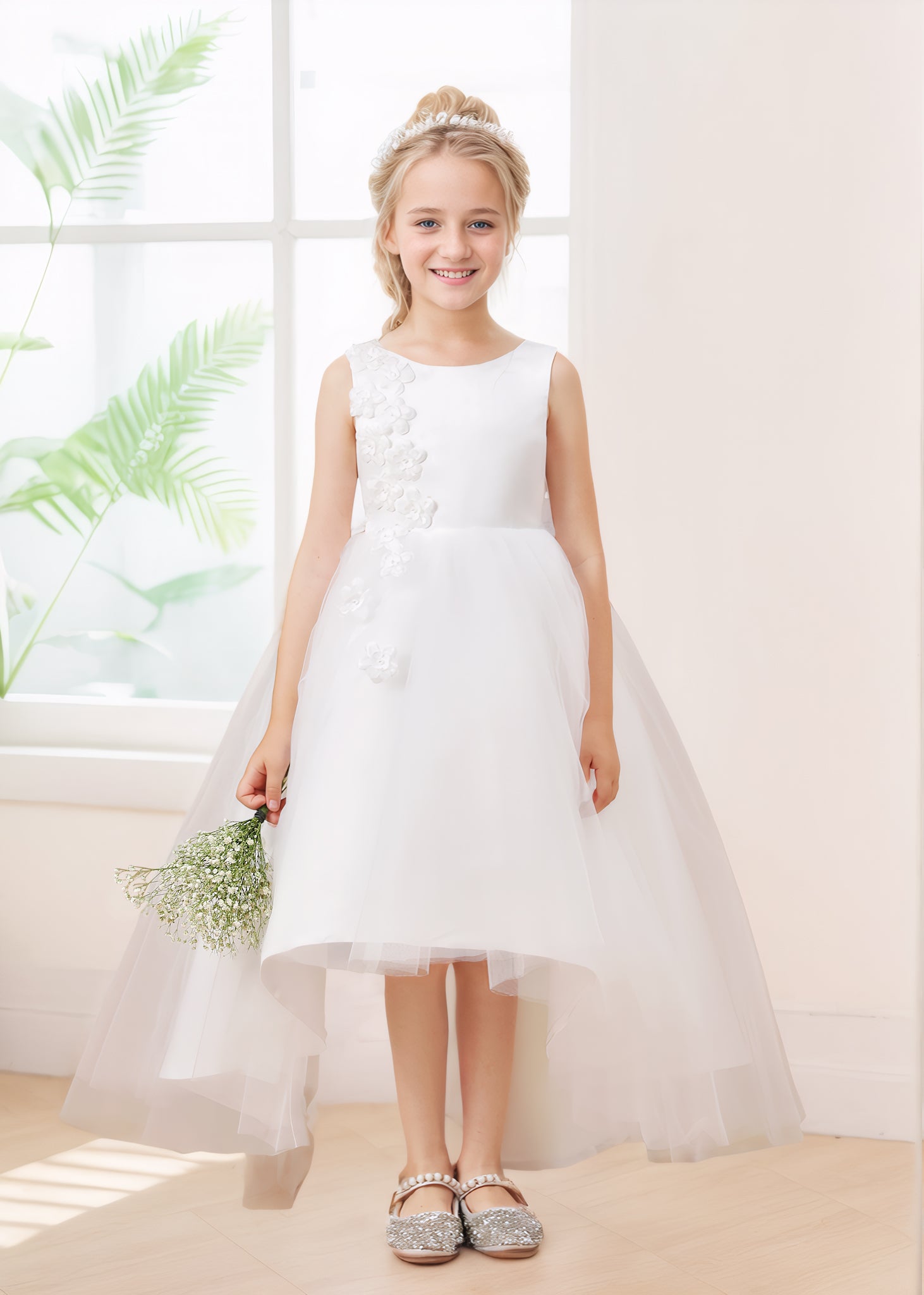 Robes De Fille En Tulle Satin À Sans Manches Appliqués