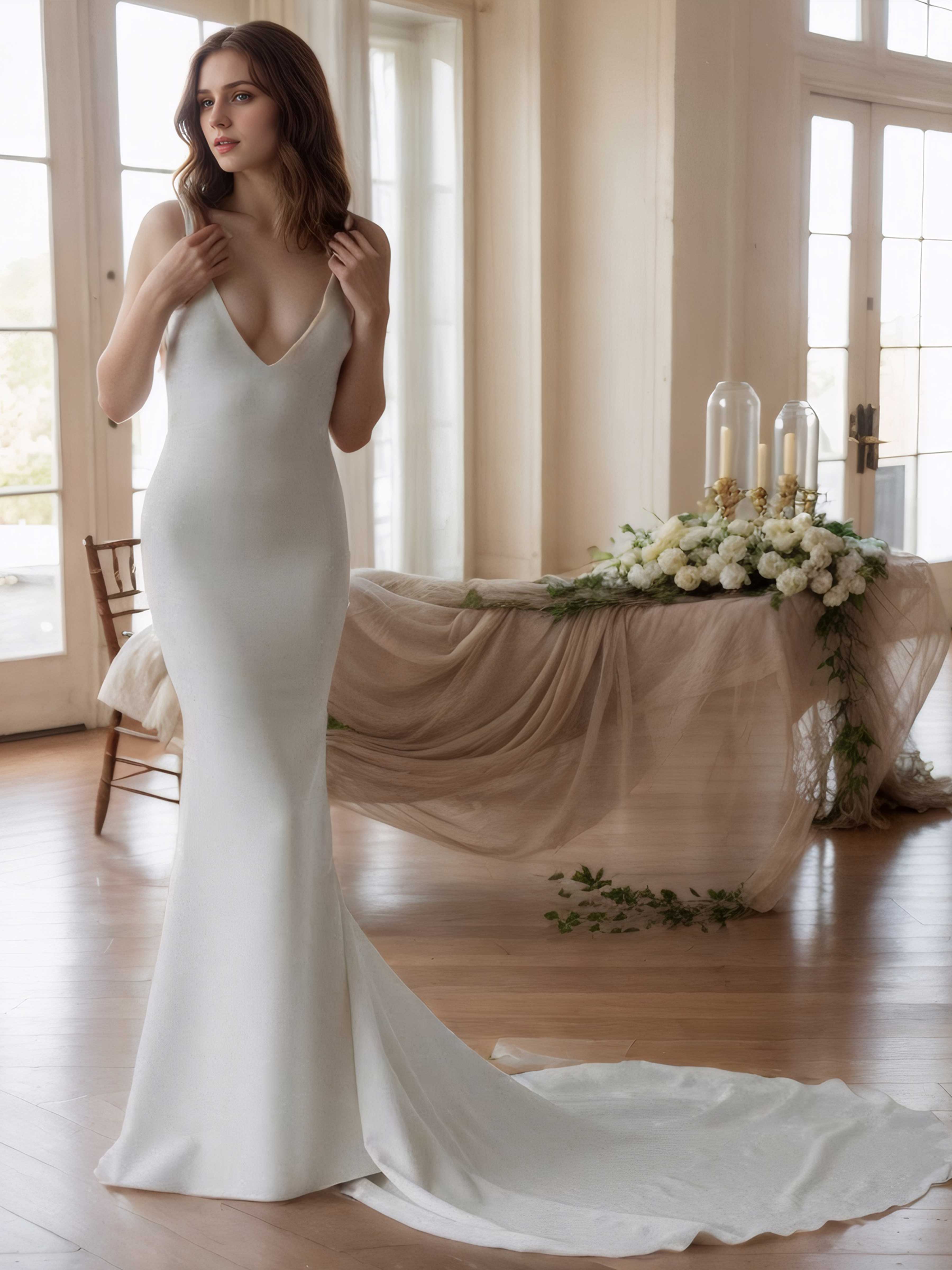 Robes De Mariée À Col V Trompette Traîne Balayage Emmie