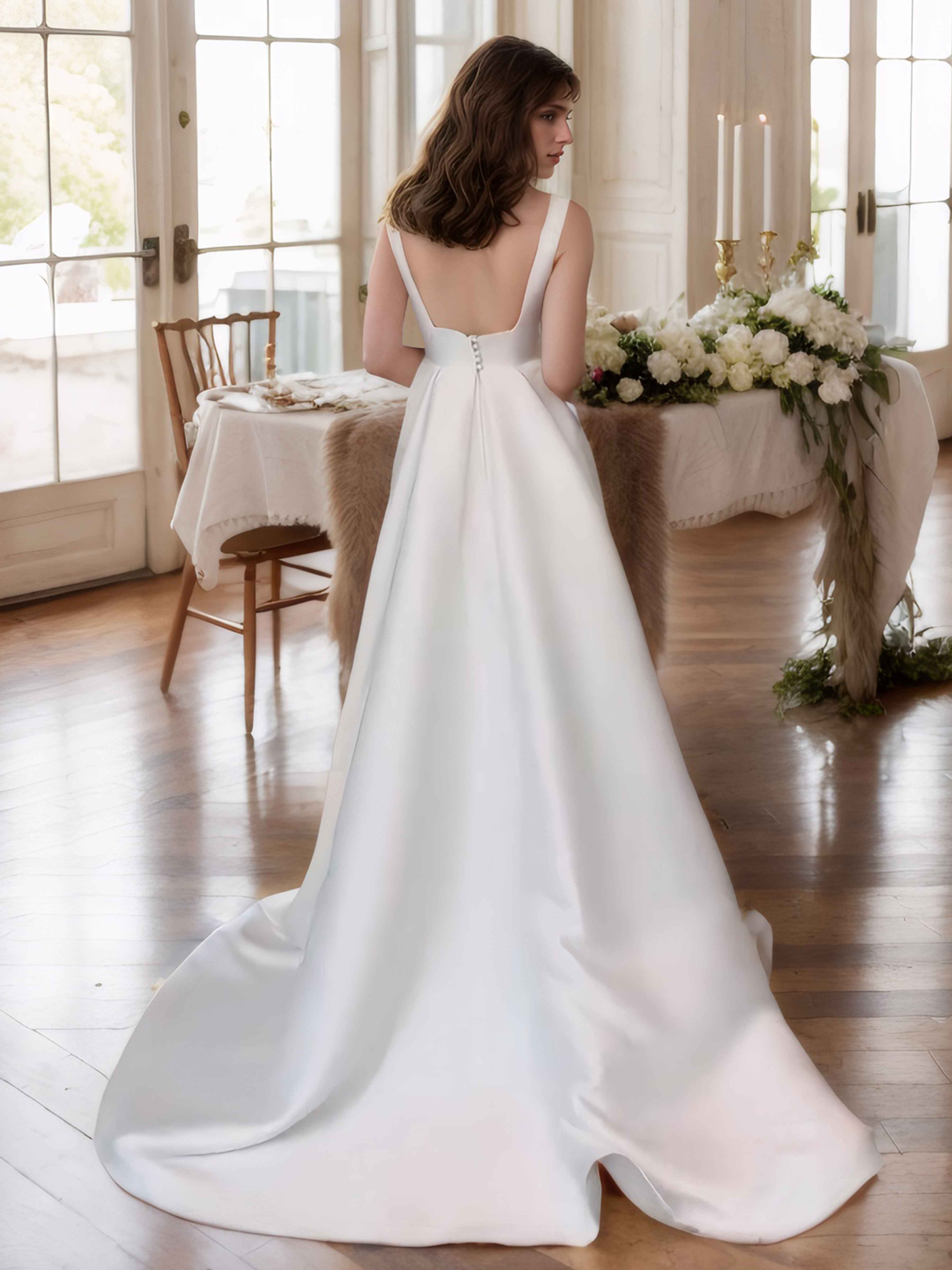 Robes De Mariée En Satin À Col V Fente À Jambe Traîne Balayage Rosa