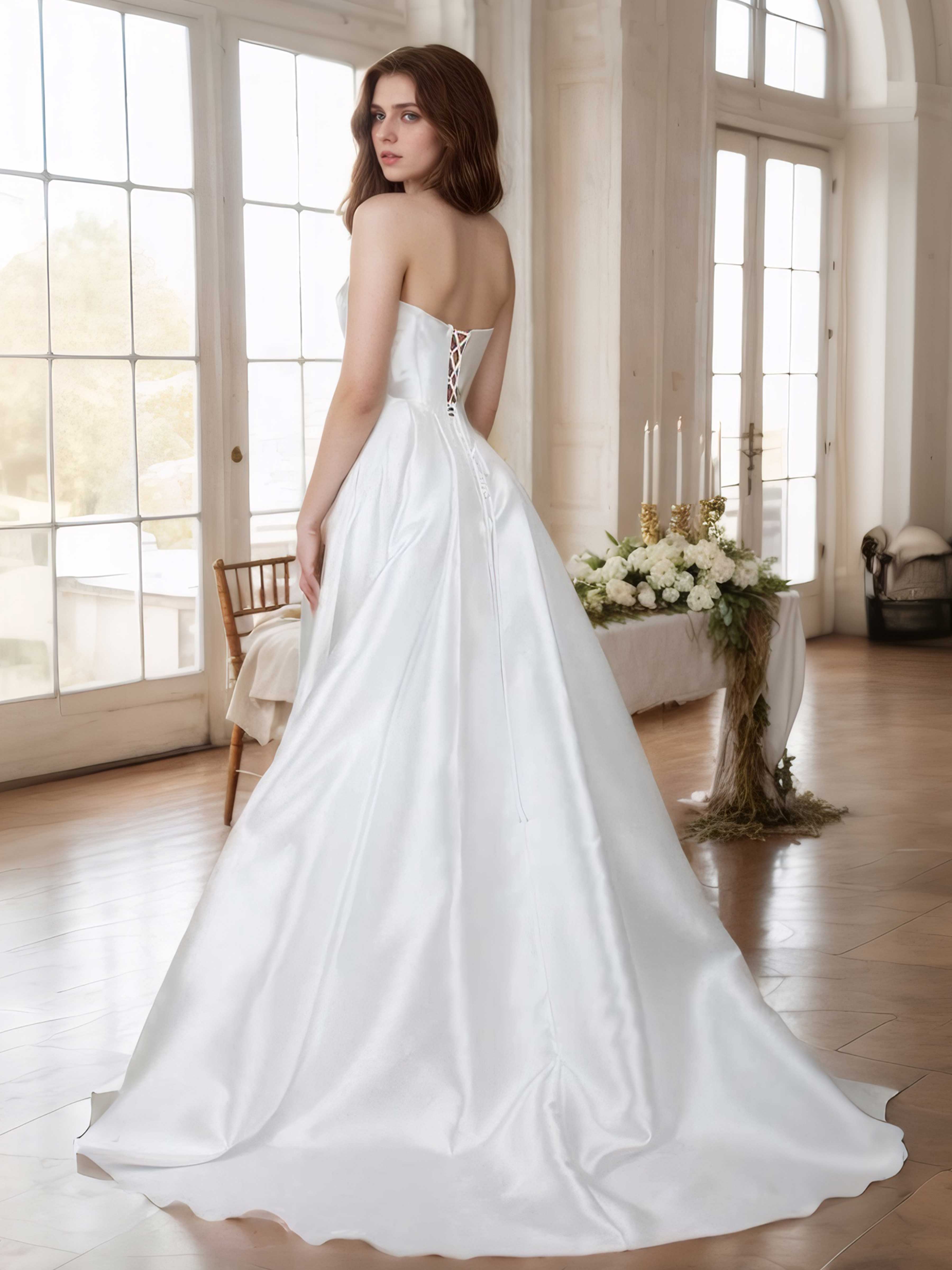 Robes De Mariée En Satin À Épaules Dénudées Plissé Fente À Jambe Janelle