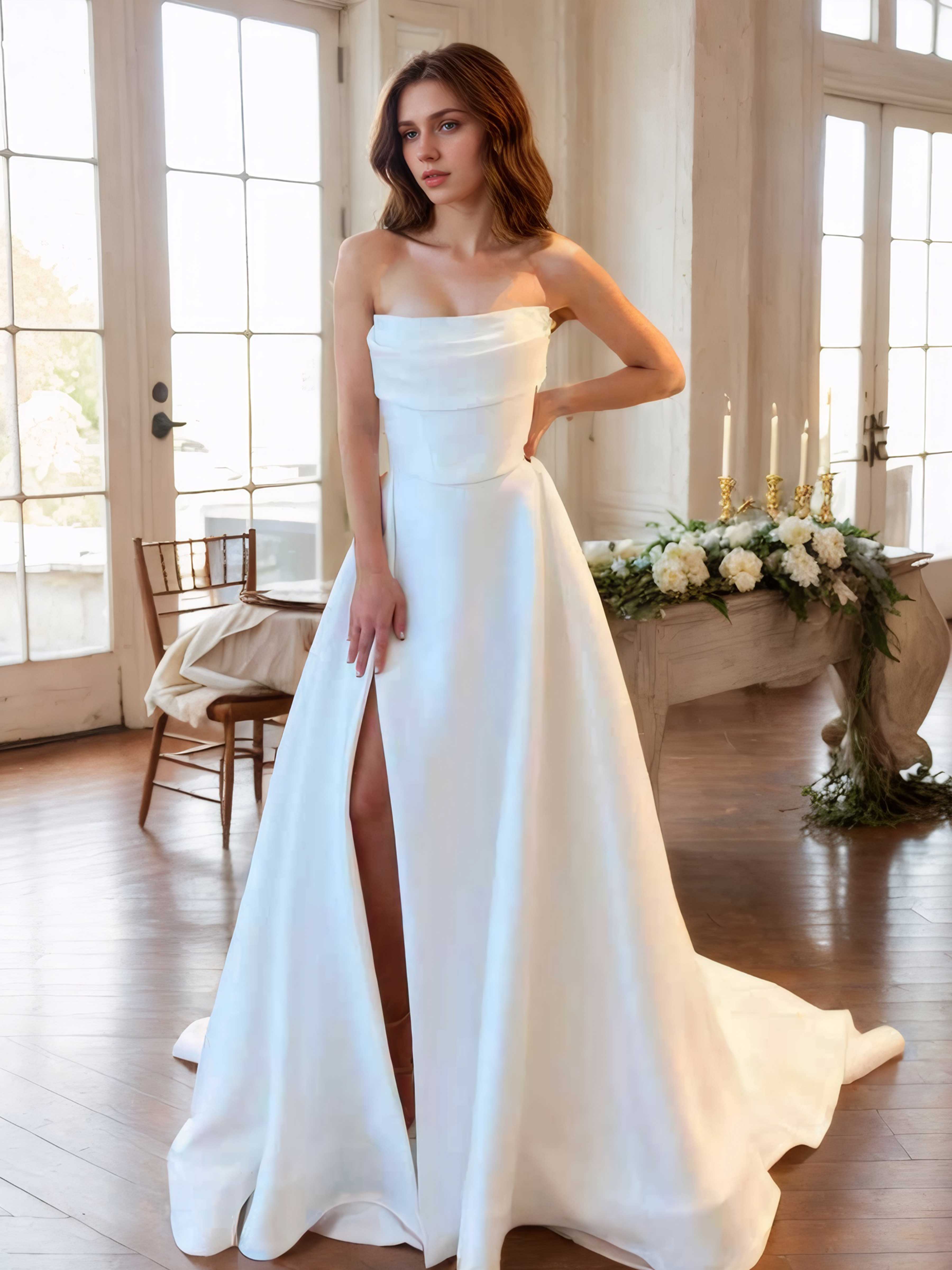 Robes De Mariée En Satin À Épaules Dénudées Plissé Fente À Jambe Janelle