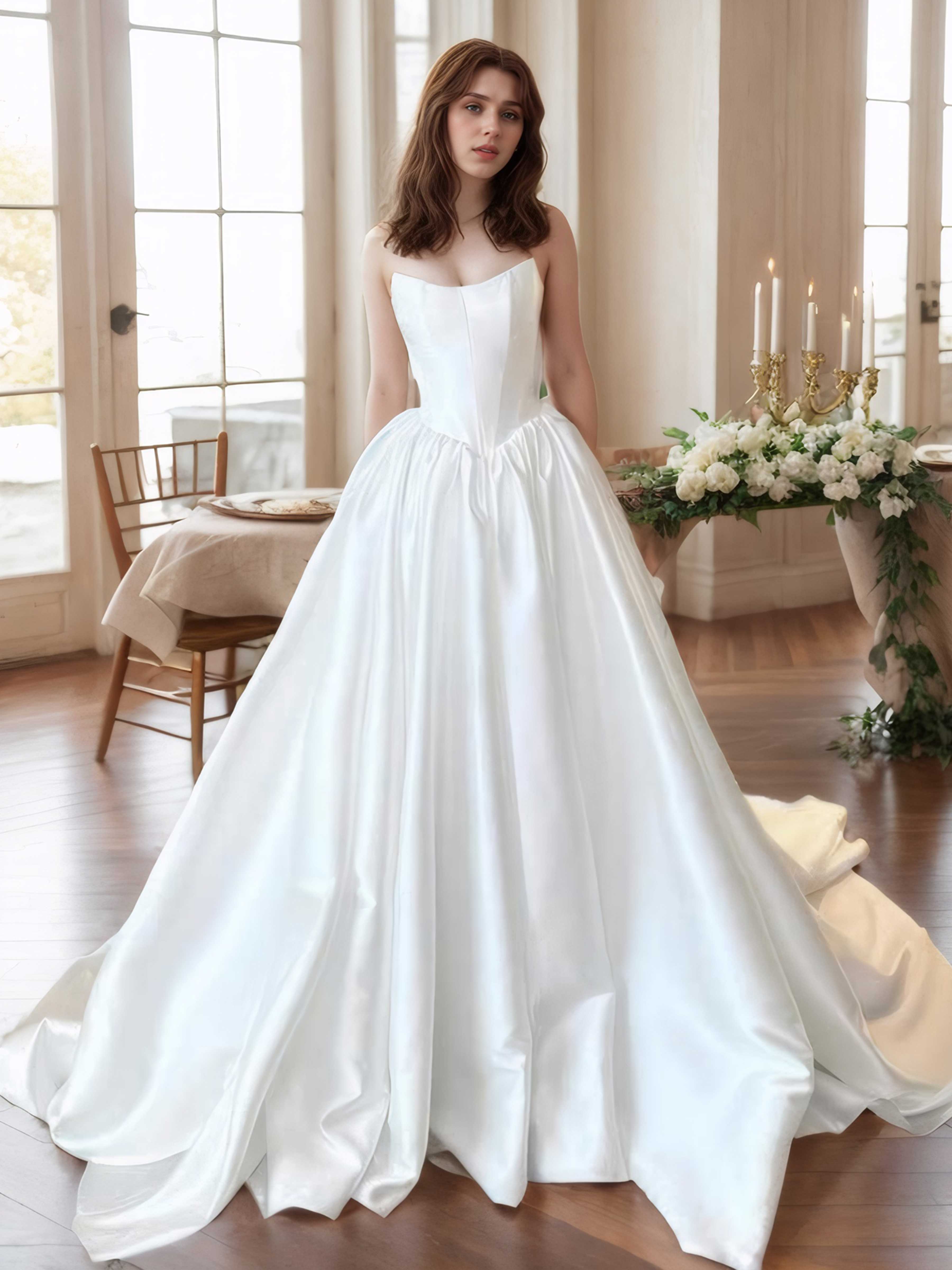 Robes De Mariée En Satin À Épaules Dénudées Traîne Balayage Carly