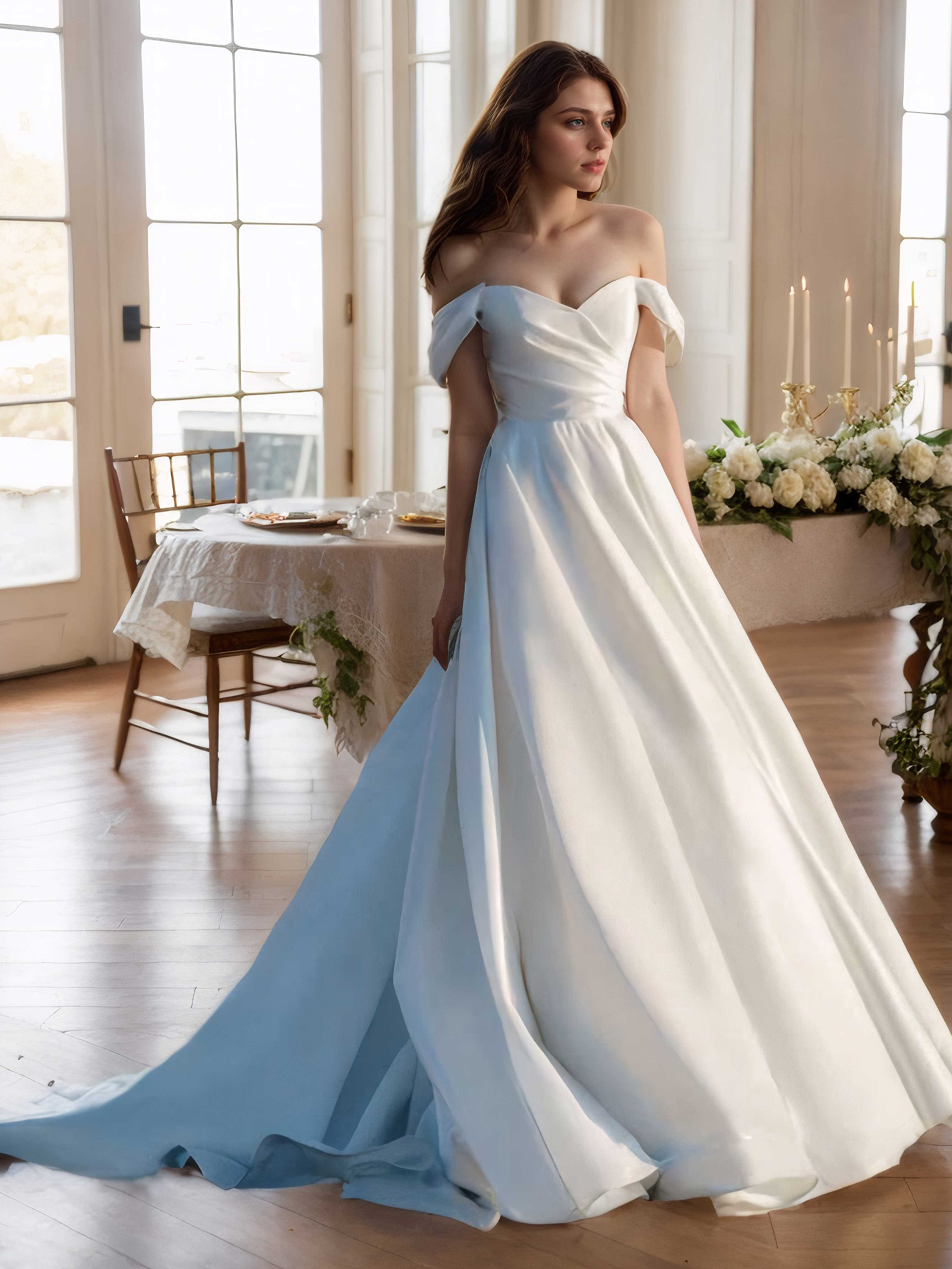 Robes De Mariée En Satin À Épaules Dénudées Traîne Balayage Yara