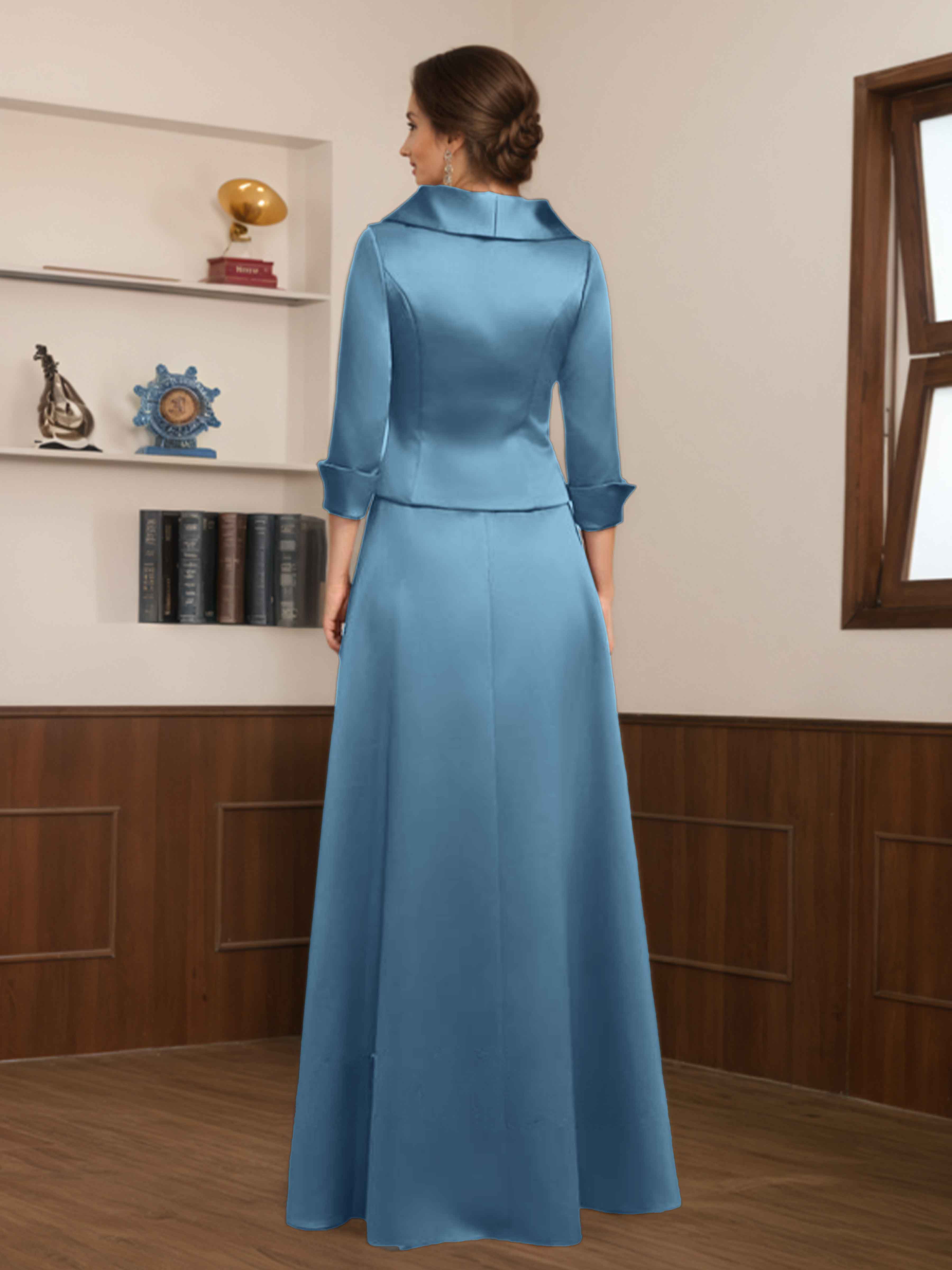 Robes Mère De La Mariée 2 Pièces En Satin À Col V Avec Boutons Amaryllis