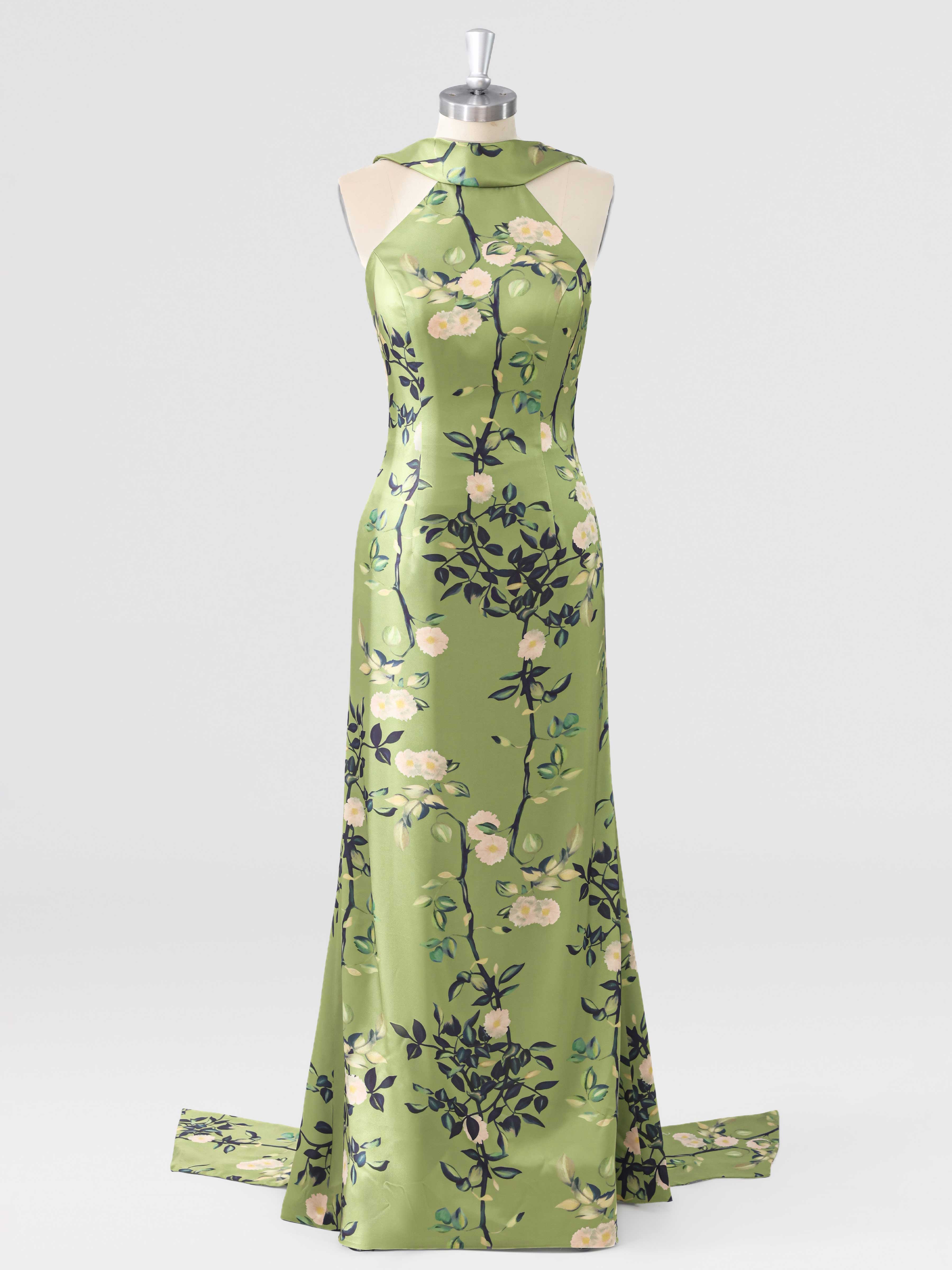 Robes Mère De La Mariée À Élégante Satin À Motifs Floraux Licou Avec Dos Noué Auralie