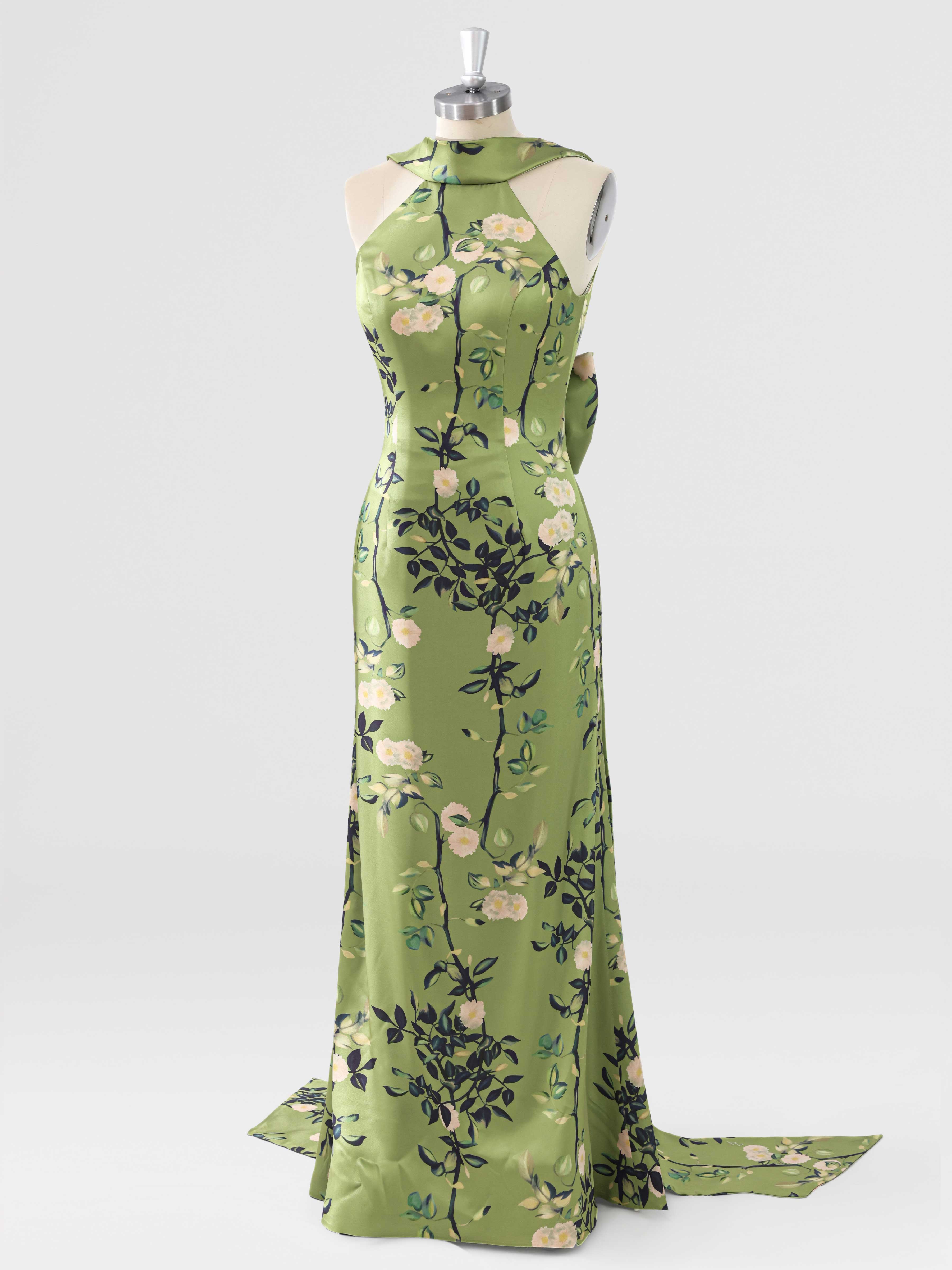 Robes Mère De La Mariée À Élégante Satin À Motifs Floraux Licou Avec Dos Noué Auralie