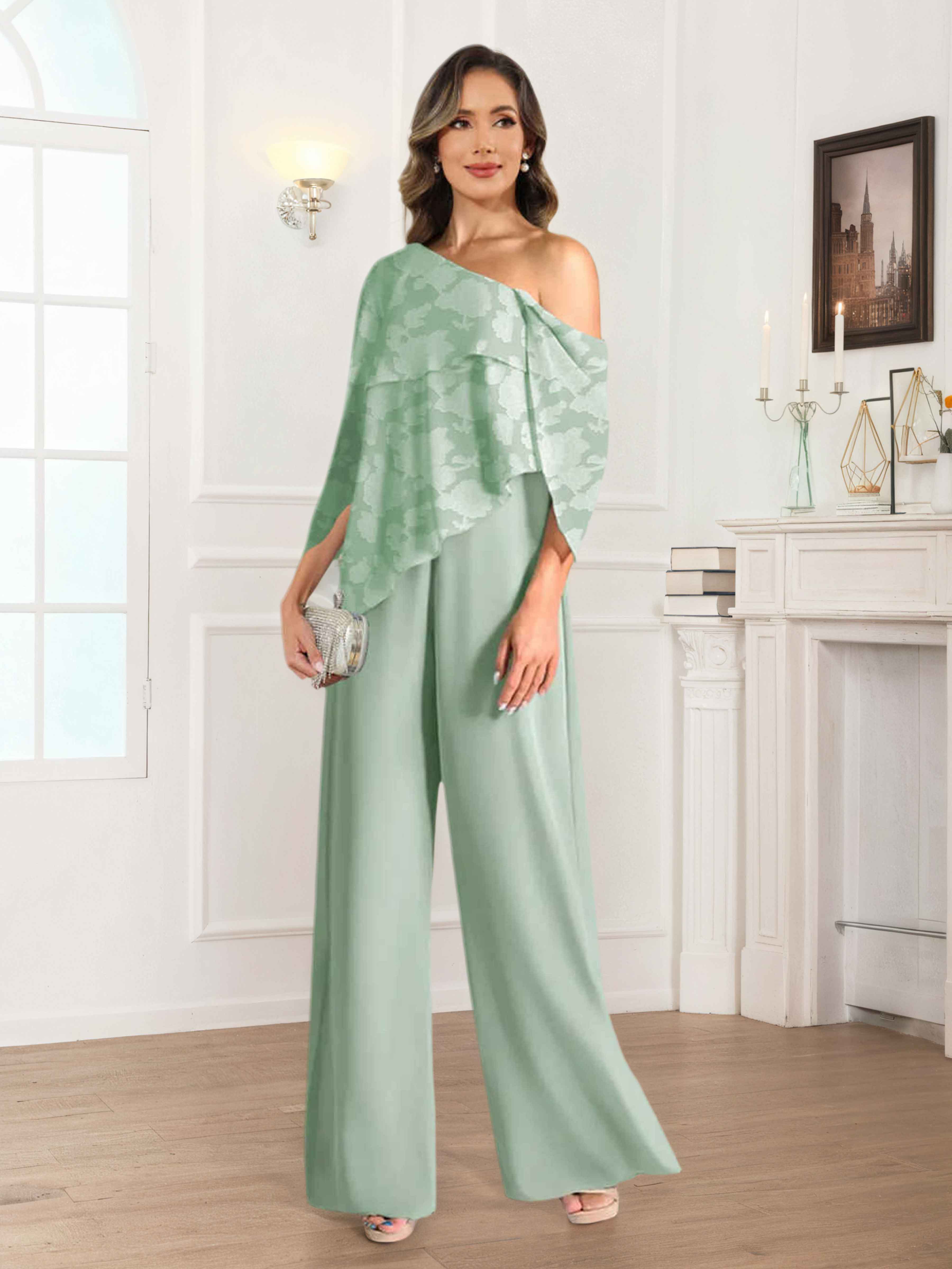 Tailleur-pantalon Mère De La Mariée À Une Épaule Dentelle Jacquard Eldora