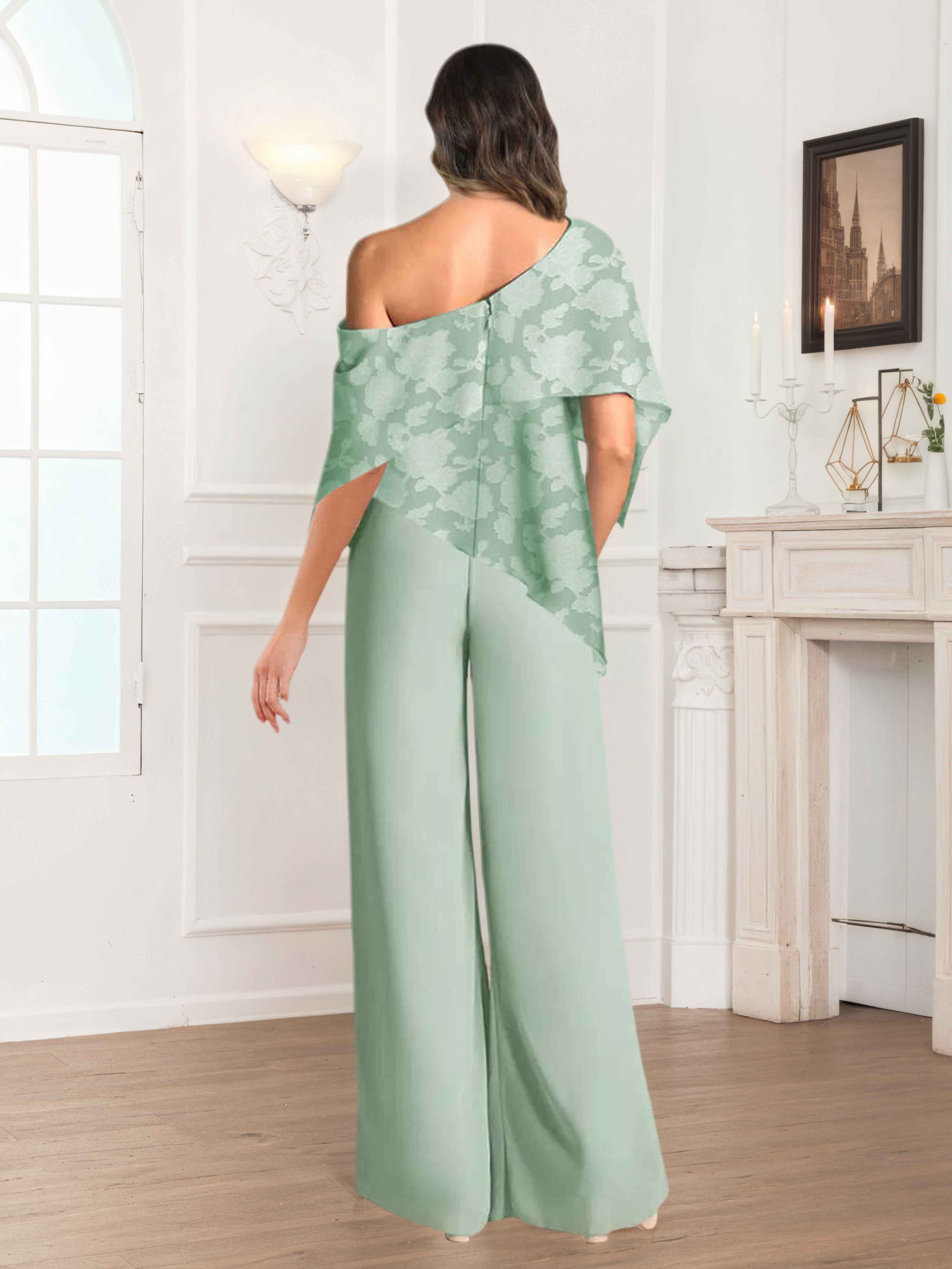 Tailleur-pantalon Mère De La Mariée À Une Épaule Dentelle Jacquard Eldora