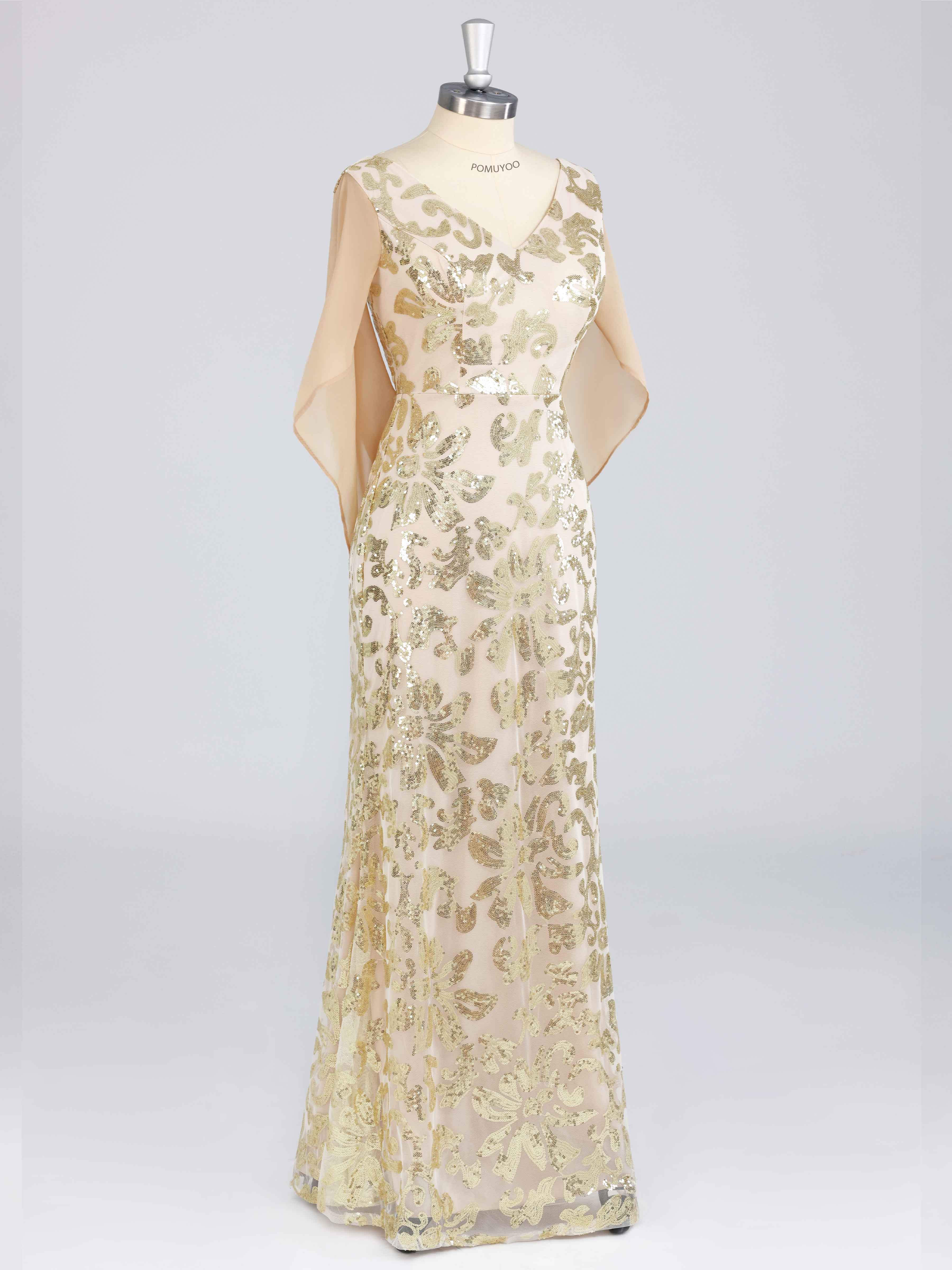 Robes Mère De La Mariée En Pailleté À Pailleté Longue Avec Cape