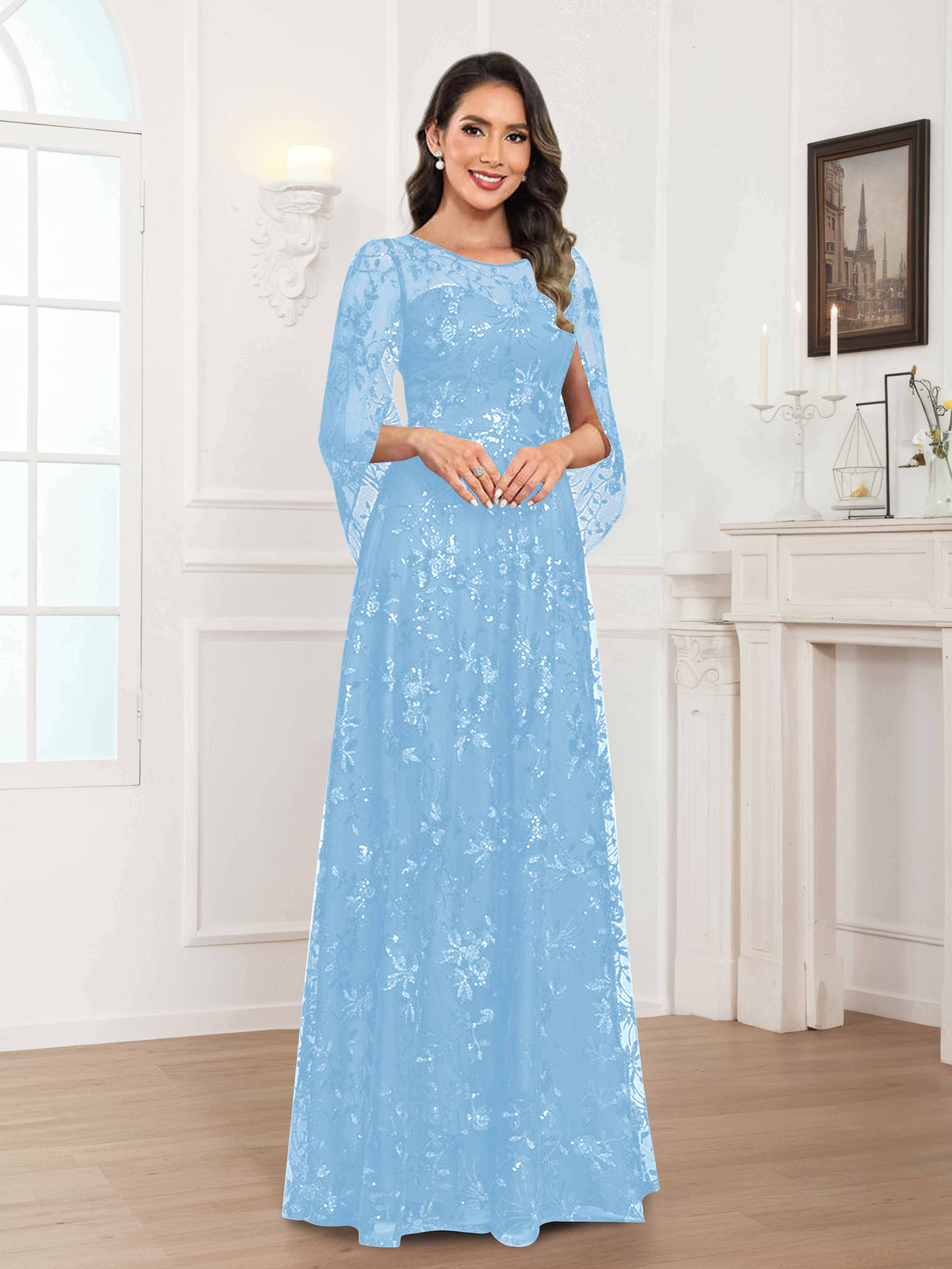 Robes Mère De La Mariée En Mousseline À Col Rond Pailleté Dentelle Quenella