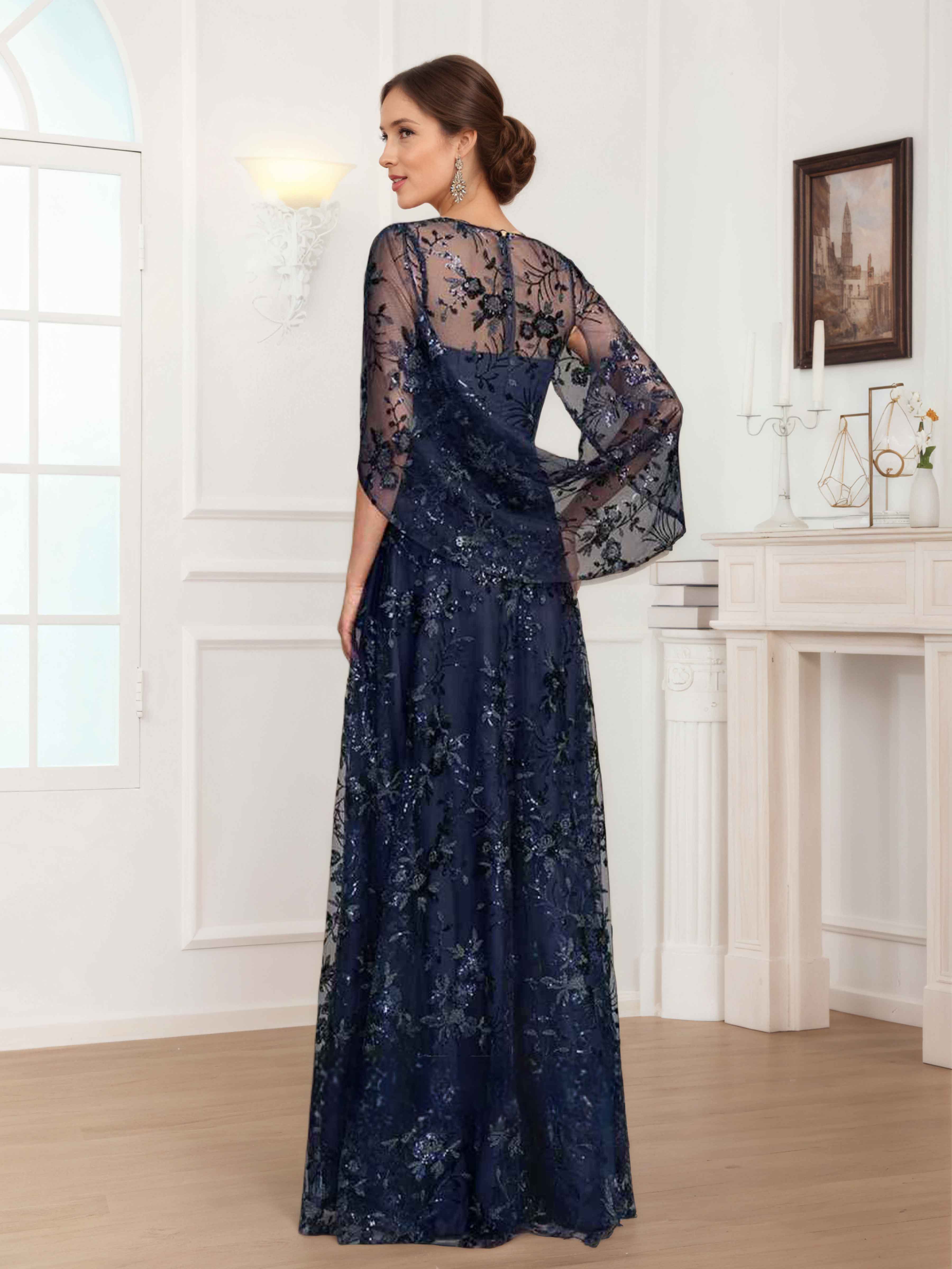 Robes Mère De La Mariée En Mousseline À Col Rond Pailleté Dentelle Quenella