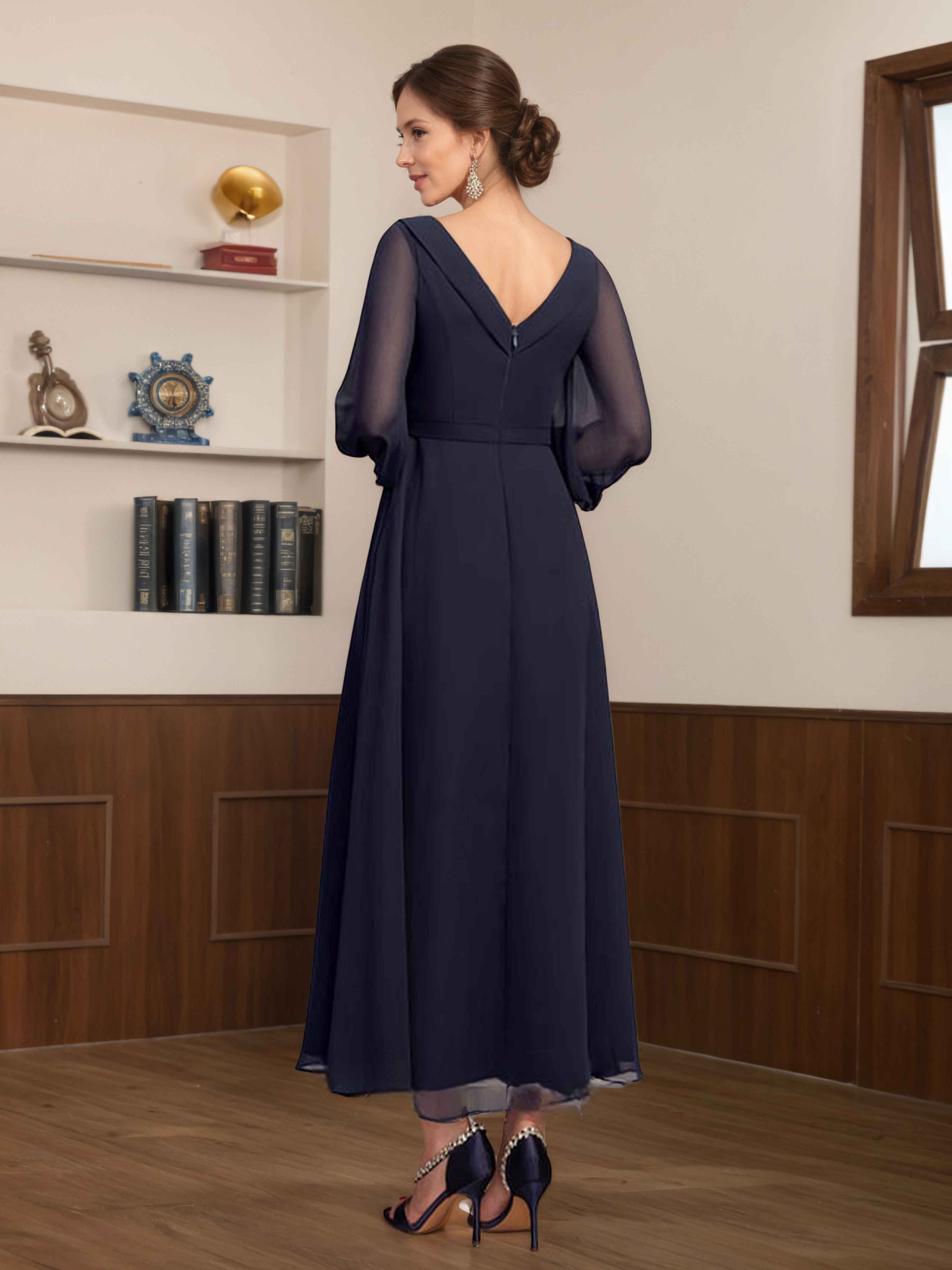 Robes Mère De La Mariée En Mousseline À Col V Manches Longues Nyx