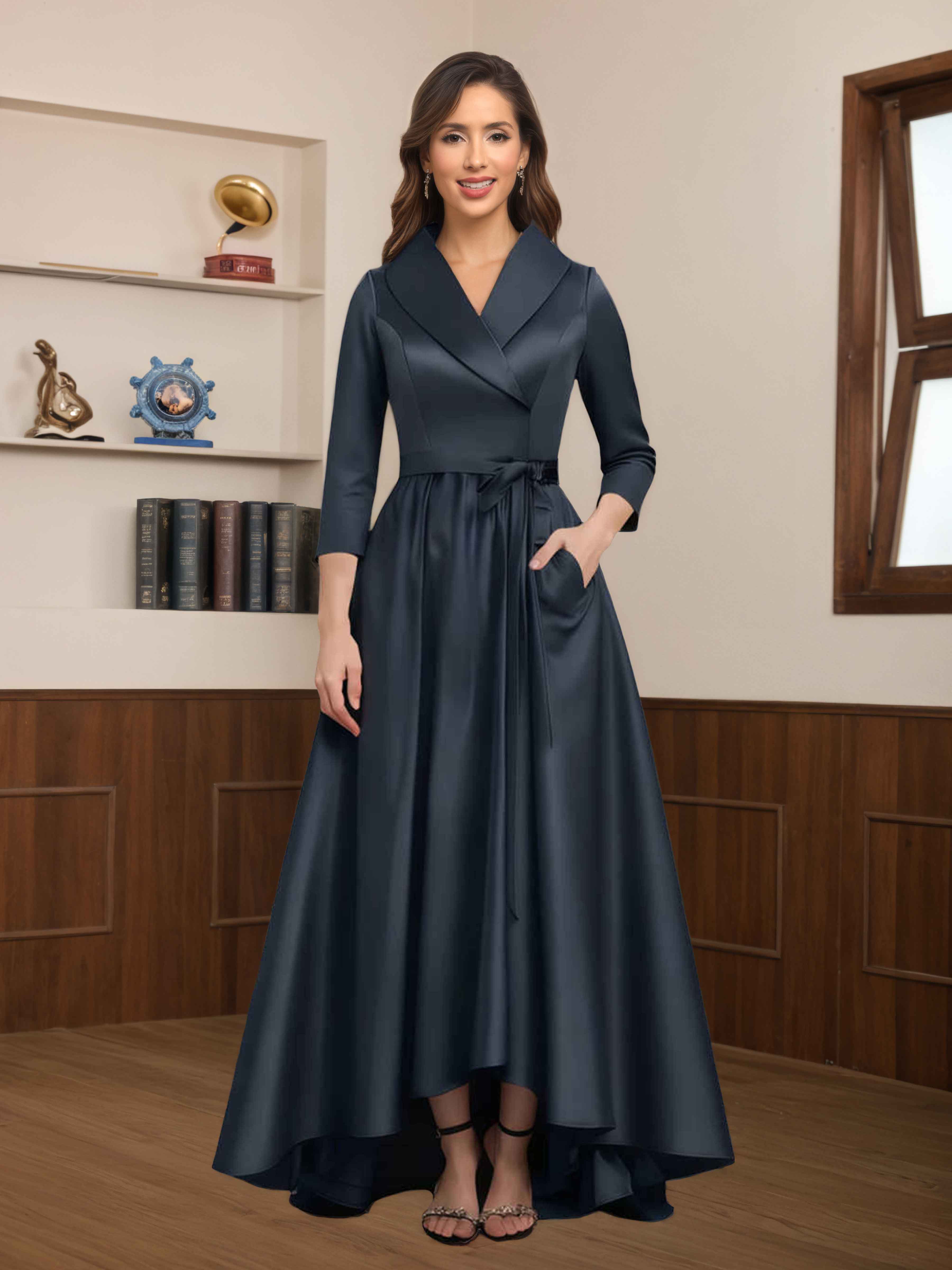 Robes Mère De La Mariée En Satin À Col V Asymétrique Avec Poches Jaela