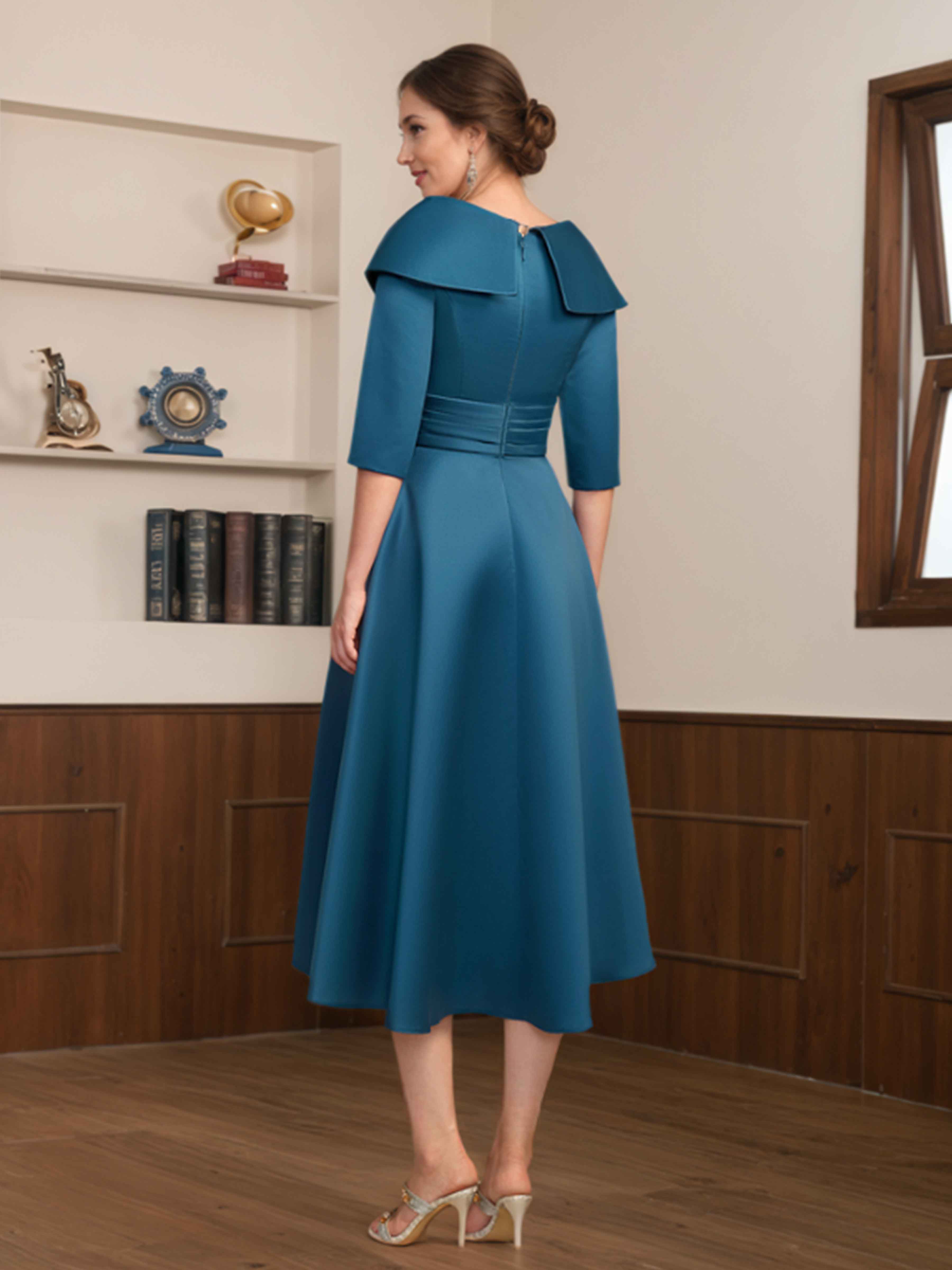 Robes Mère De La Mariée En Satin À Ruché Demi Manches Midi Pippa