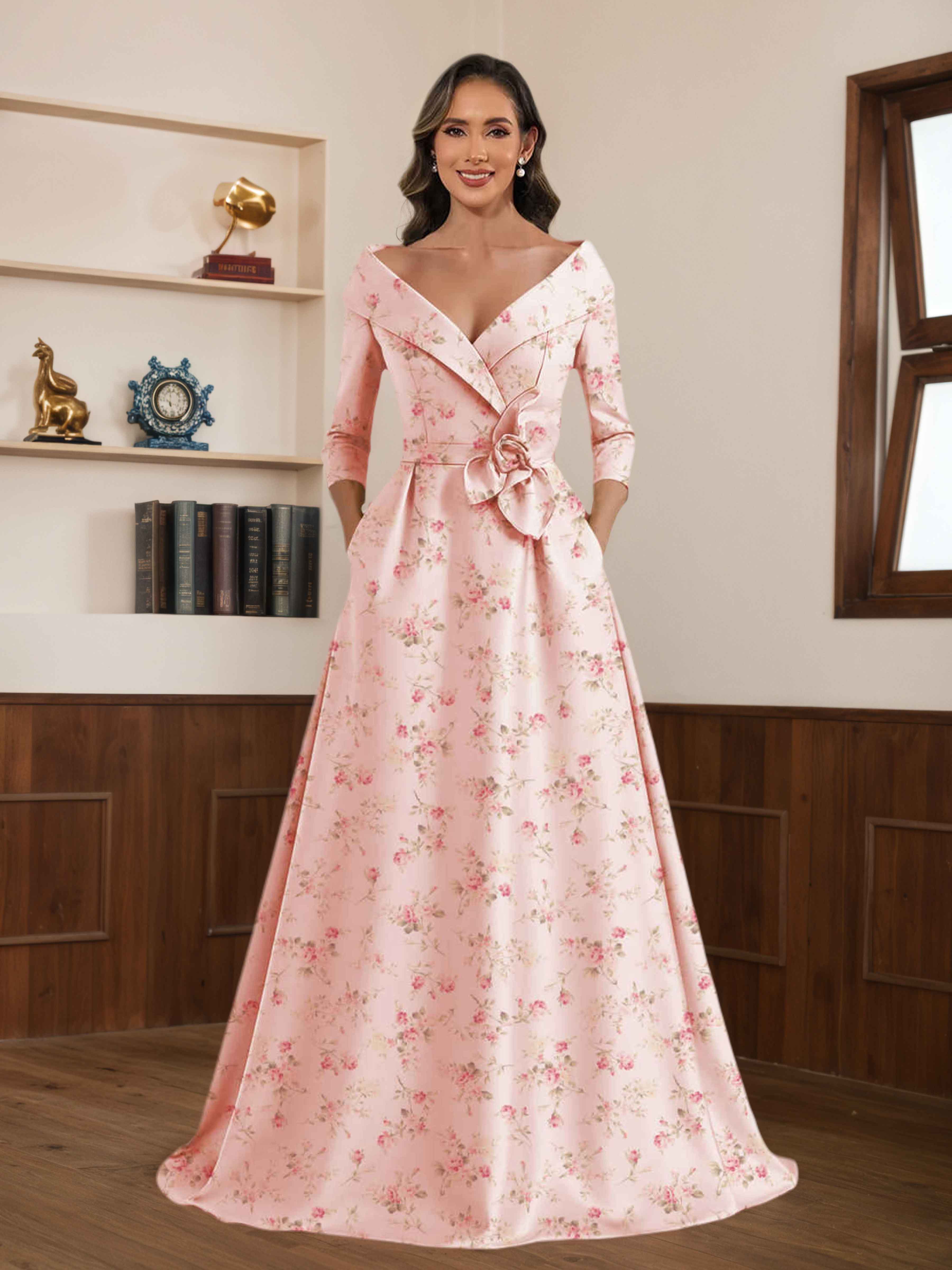 Robes Mère De La Mariée En Satin Imprimé Fleuri À Col V Fleur Nouée Kaelin