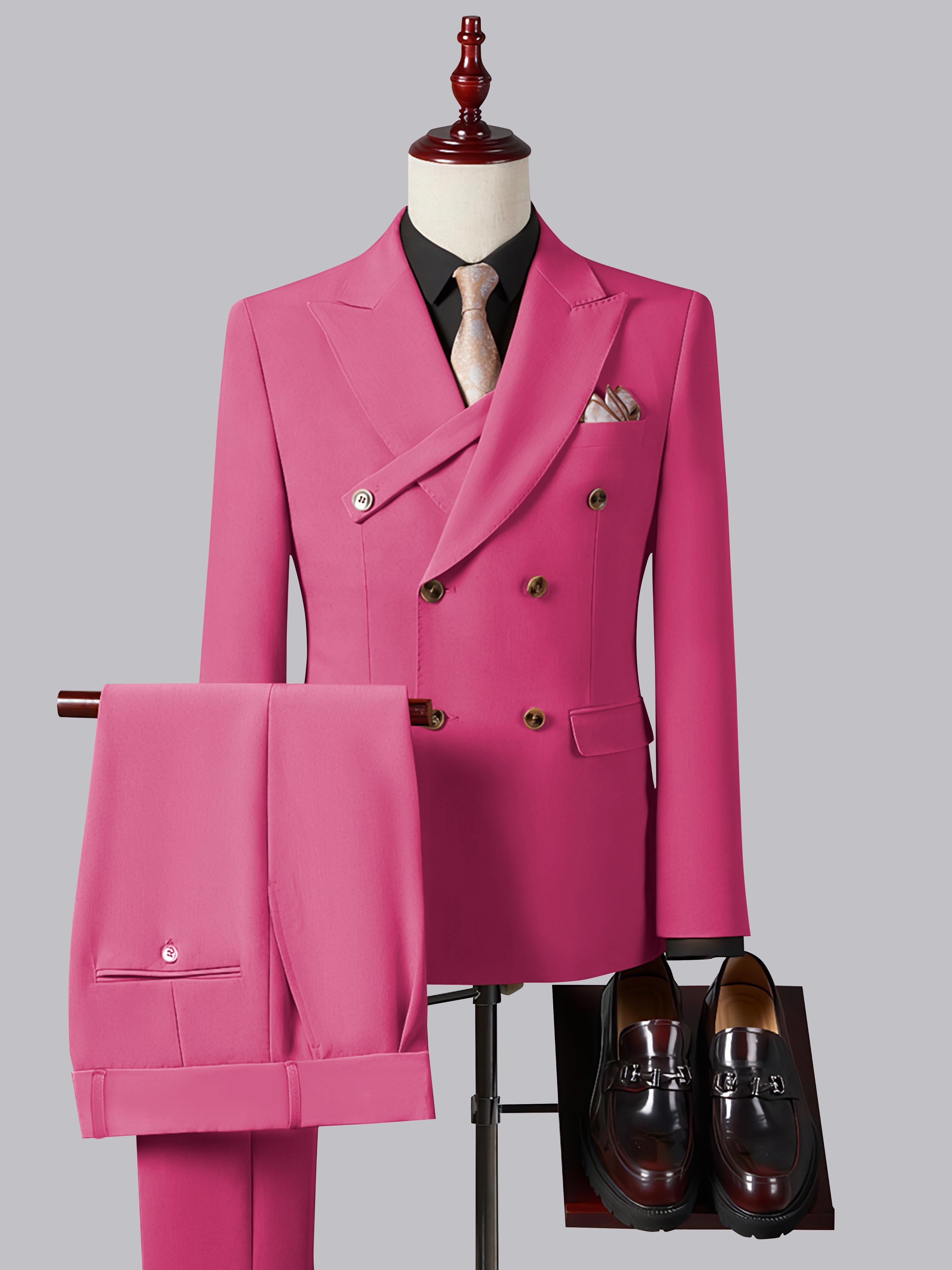 Costume Homme Ajusté Élégant Double Boutonnage Ceinturé À Revers Pointus 2 Pièces