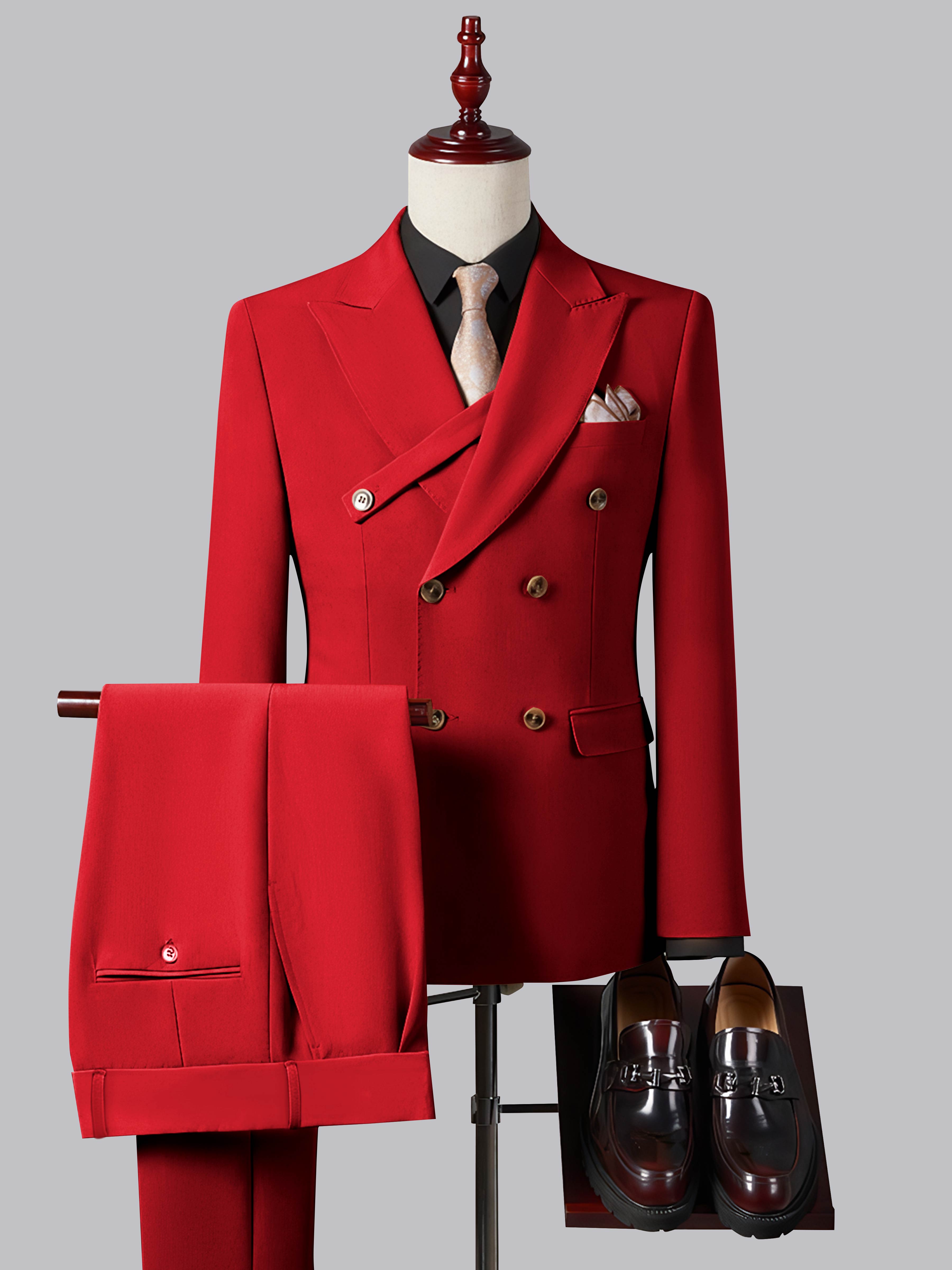 Costume Homme Ajusté Élégant Double Boutonnage Ceinturé À Revers Pointus 2 Pièces