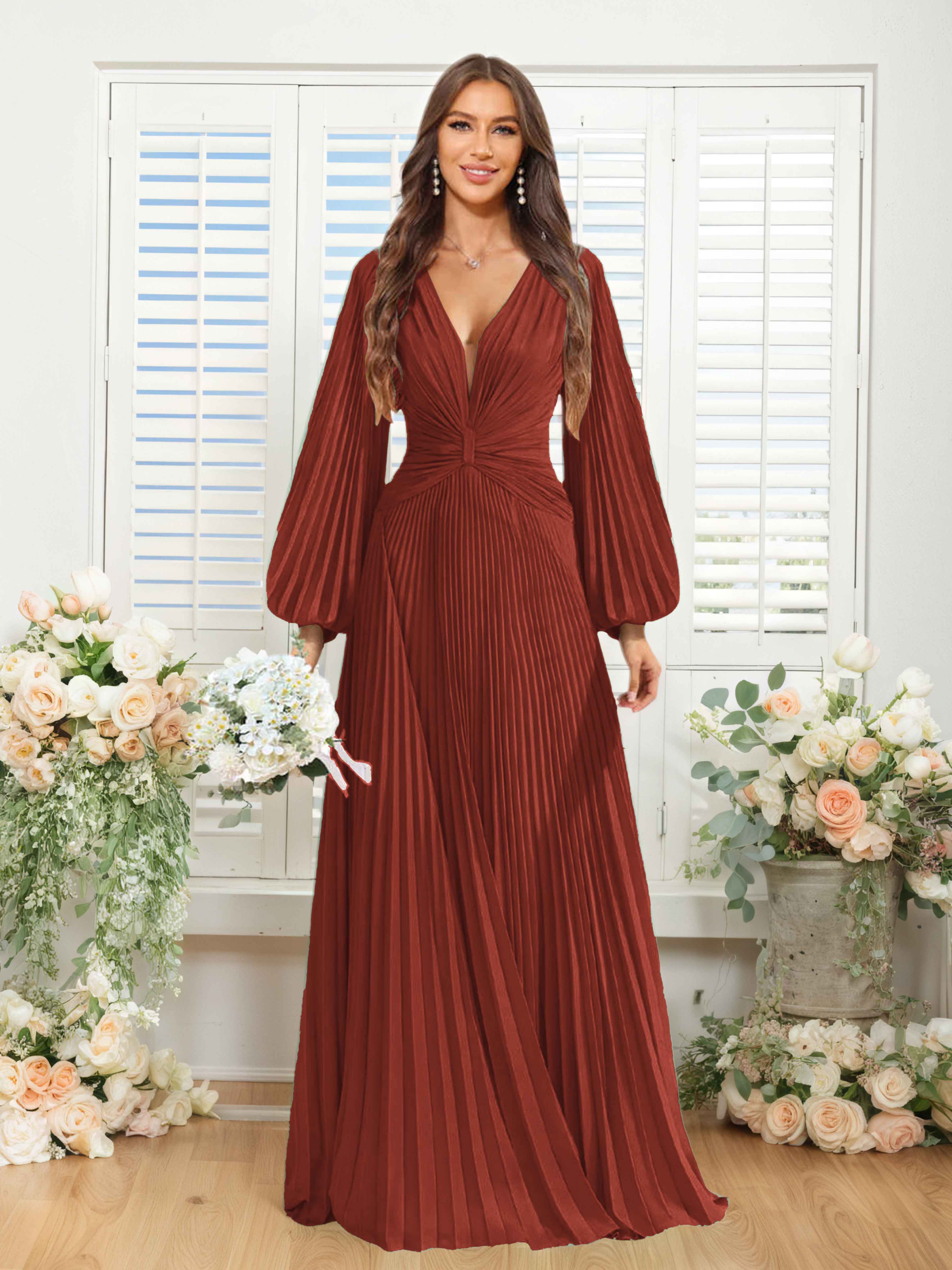 Robes De Demoiselle D'Honneur En Mousseline À Col V Ruché Longue Nerys