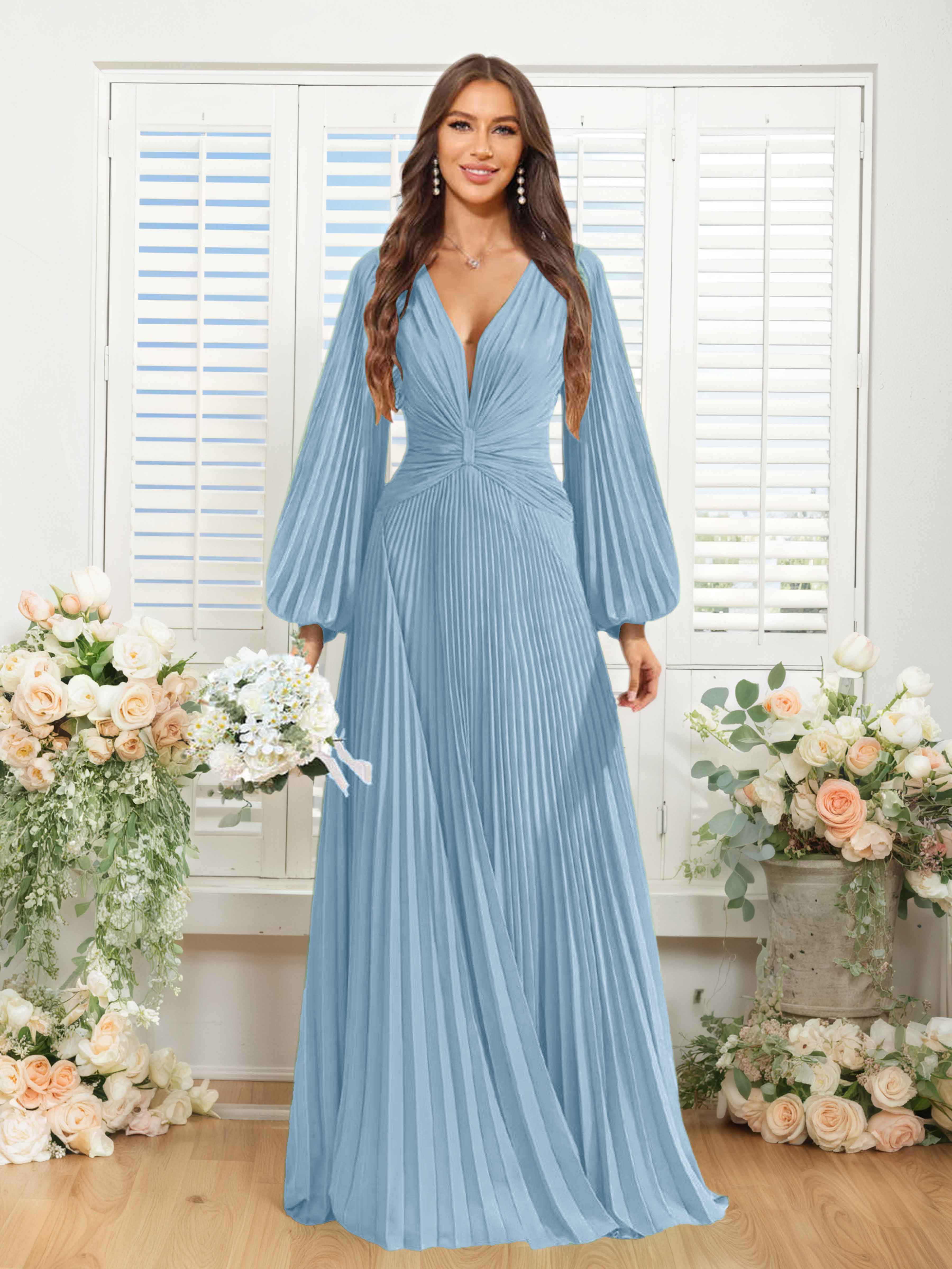 Robes De Demoiselle D'Honneur En Mousseline À Col V Ruché Longue Nerys