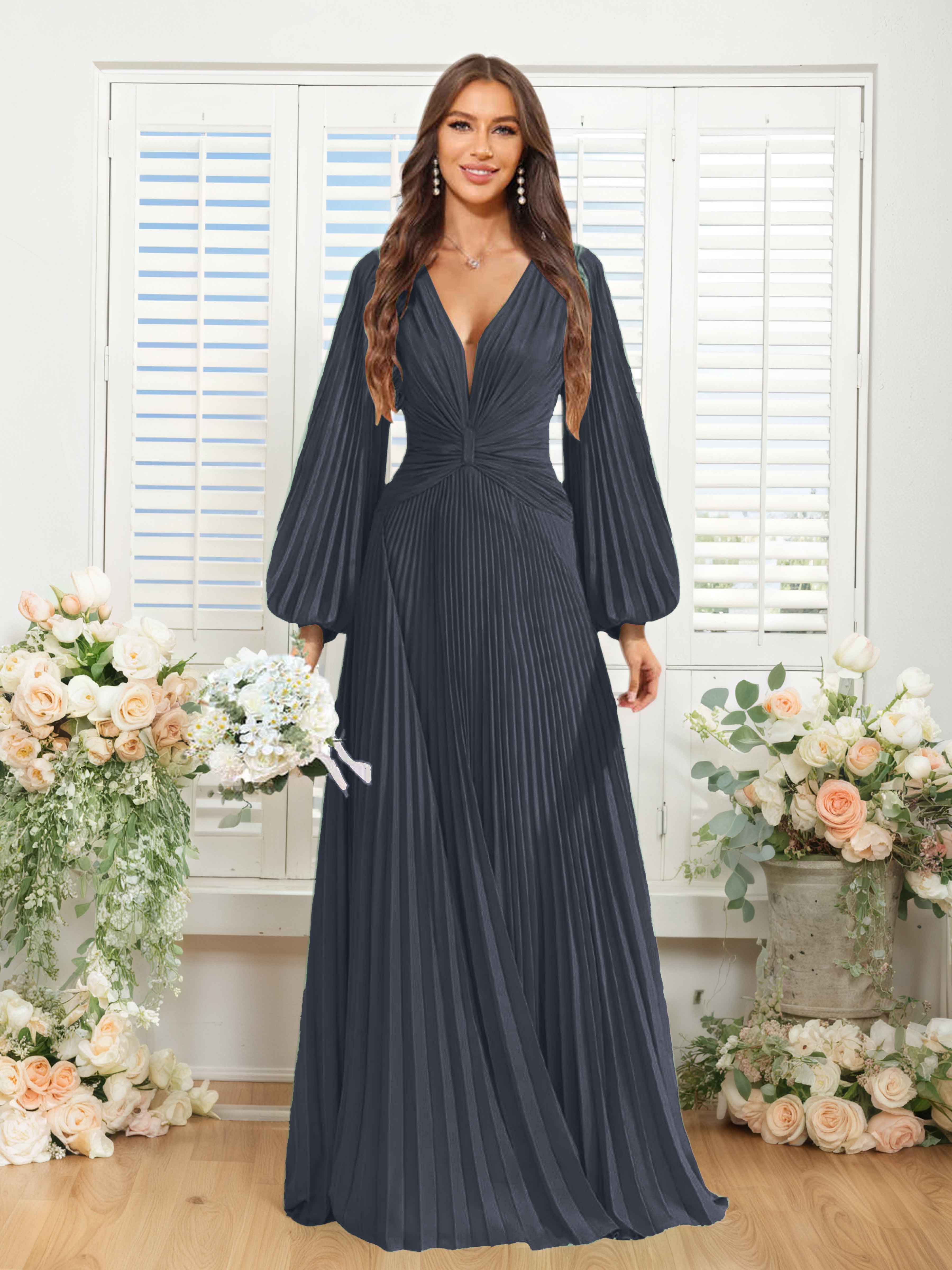 Robes De Demoiselle D'Honneur En Mousseline À Col V Ruché Longue Nerys