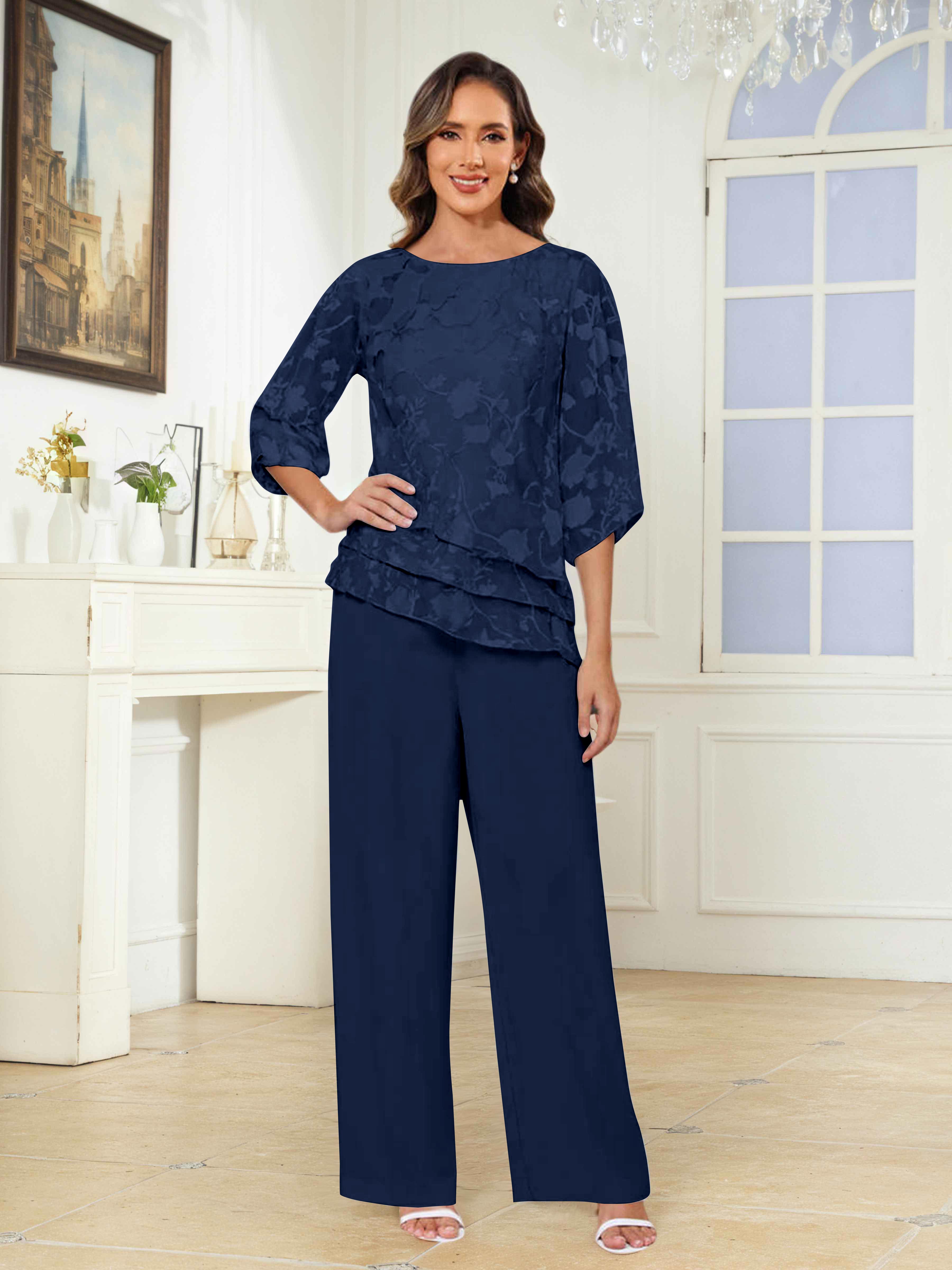 Tailleur-Pantalon Mère De La Mariée 2 Pièces À Col Rond Dentelle Ondine