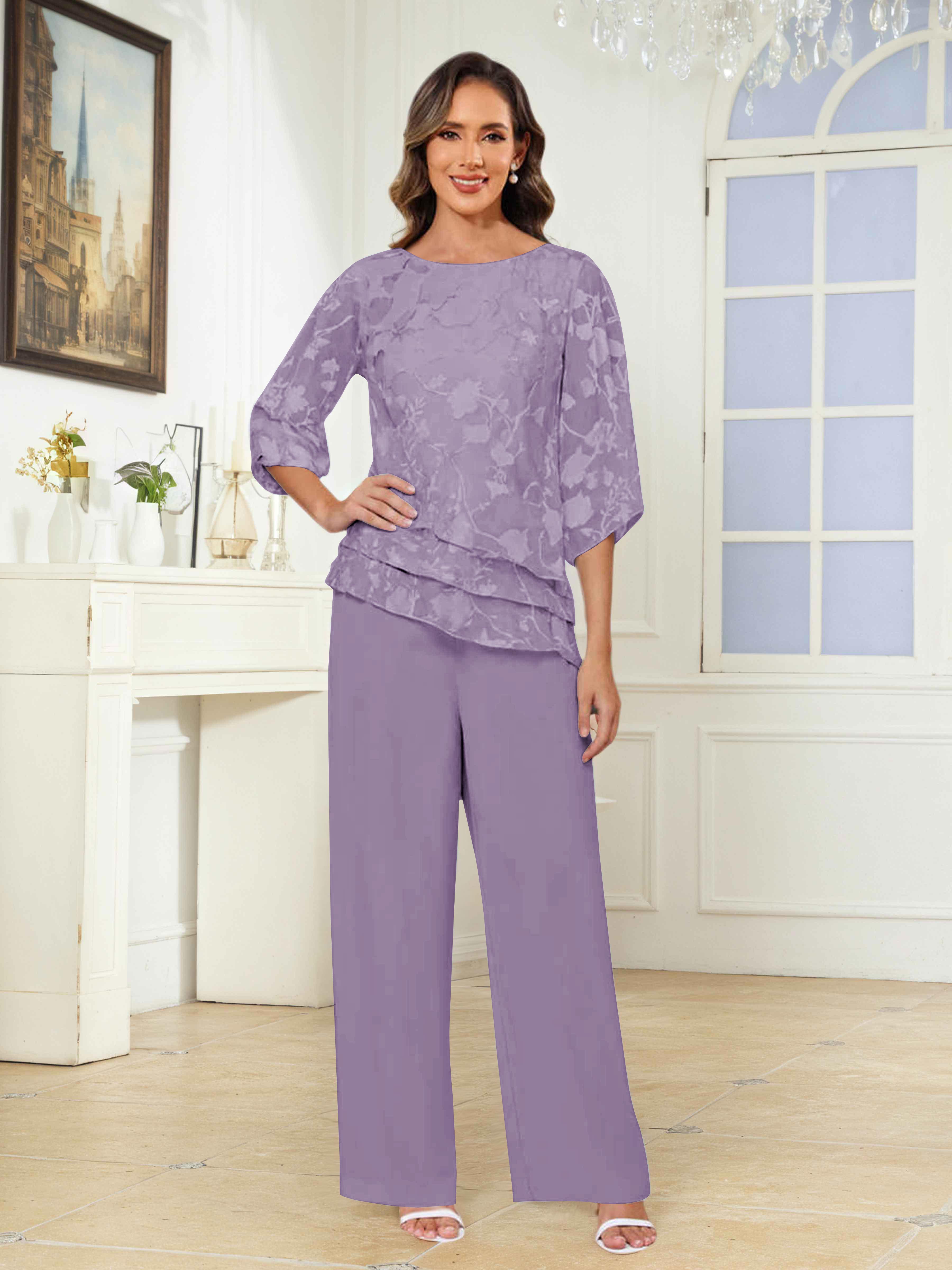 Tailleur-Pantalon Mère De La Mariée 2 Pièces À Col Rond Dentelle Ondine