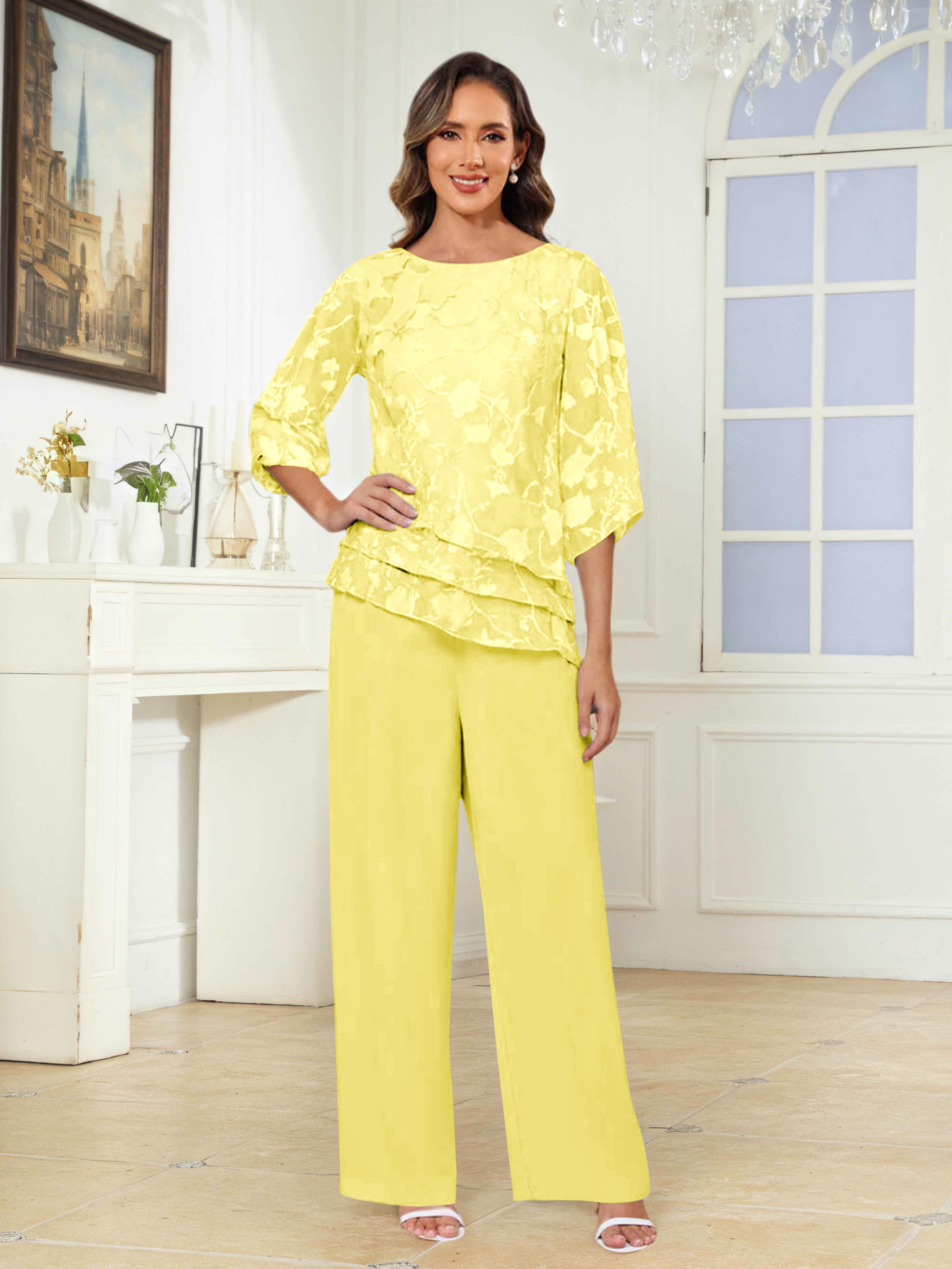 Tailleur-Pantalon Mère De La Mariée 2 Pièces À Col Rond Dentelle Ondine