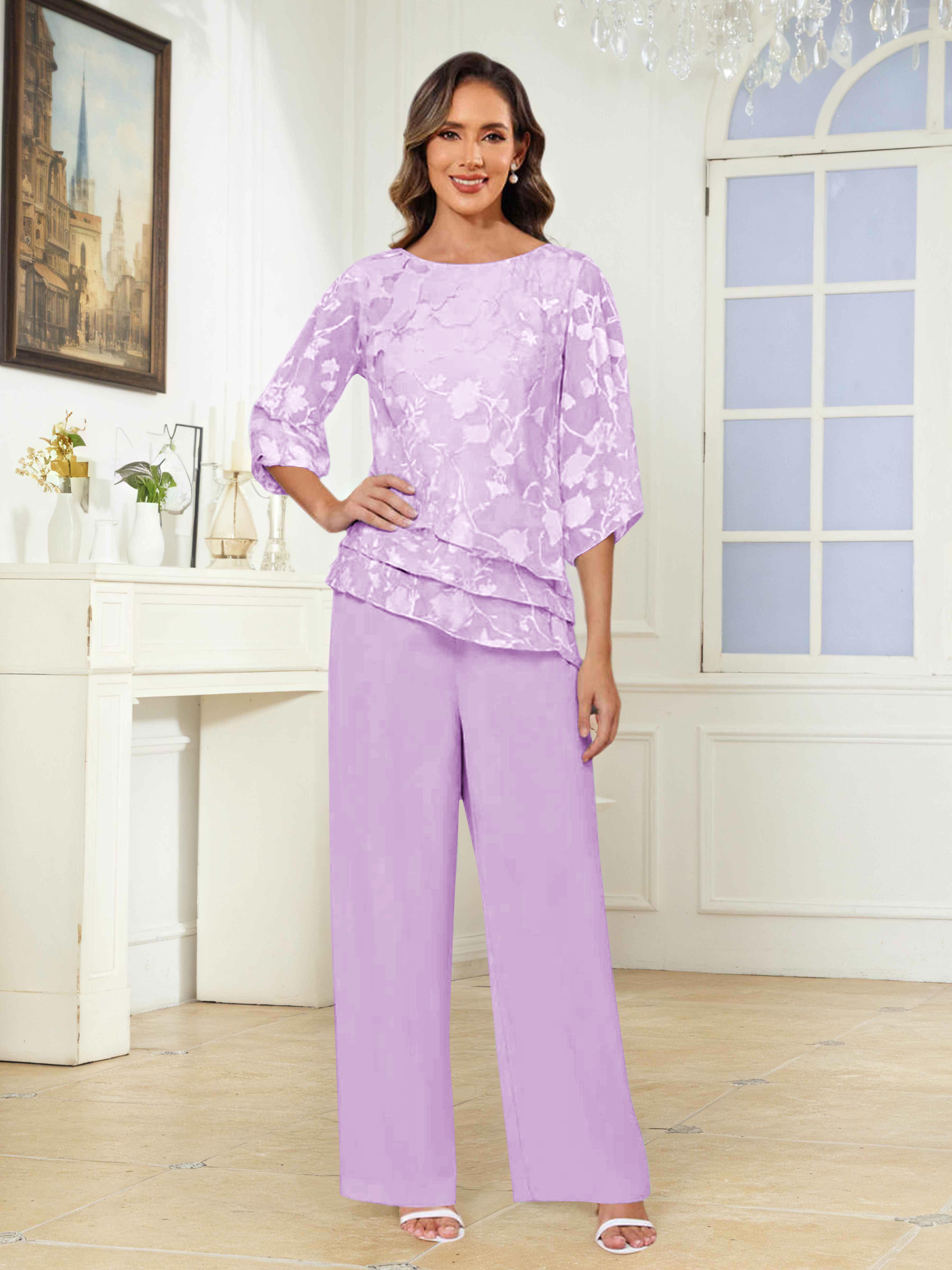 Tailleur-Pantalon Mère De La Mariée 2 Pièces À Col Rond Dentelle Ondine