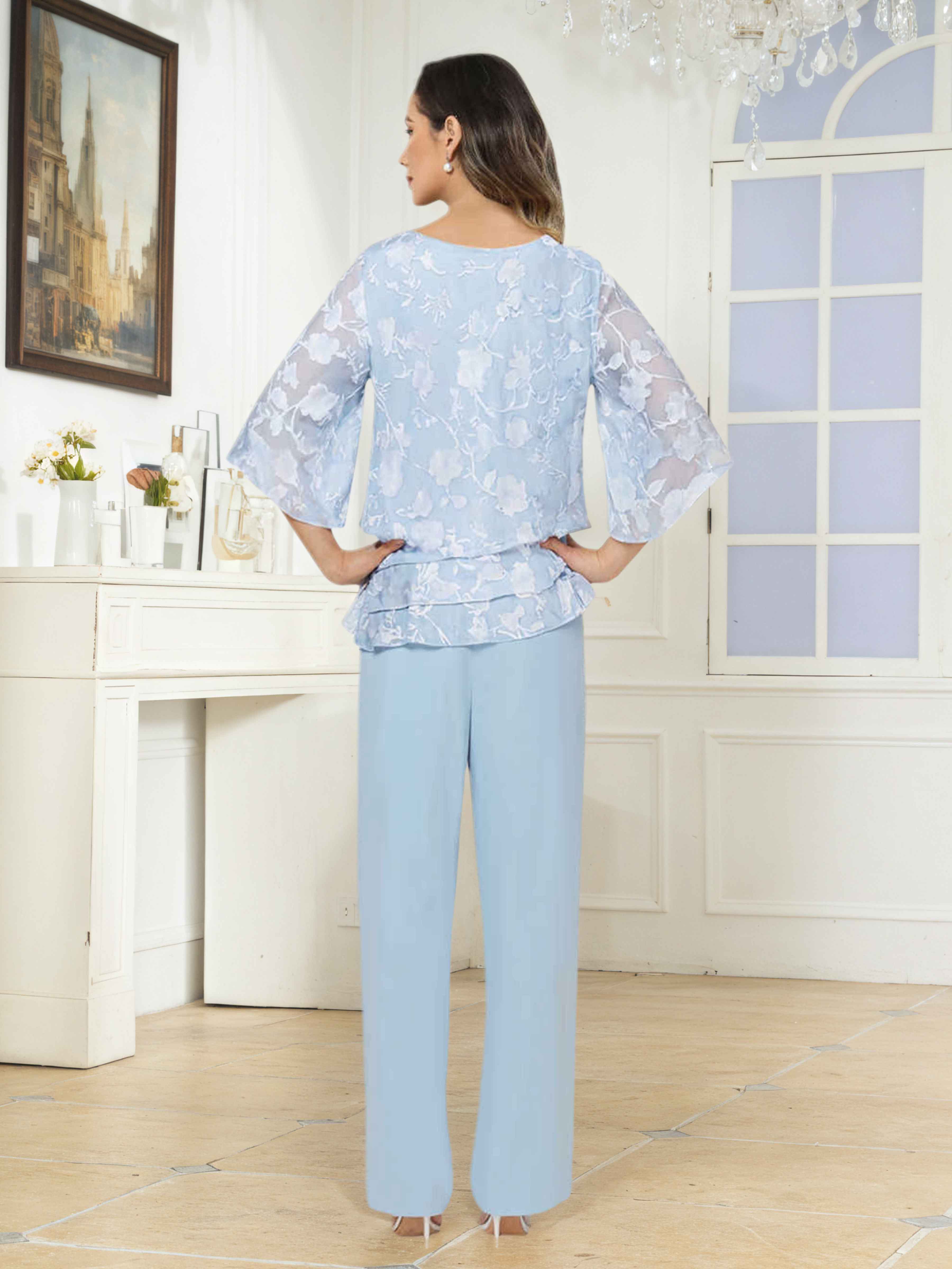 Tailleur-Pantalon Mère De La Mariée 2 Pièces À Col Rond Dentelle Ondine