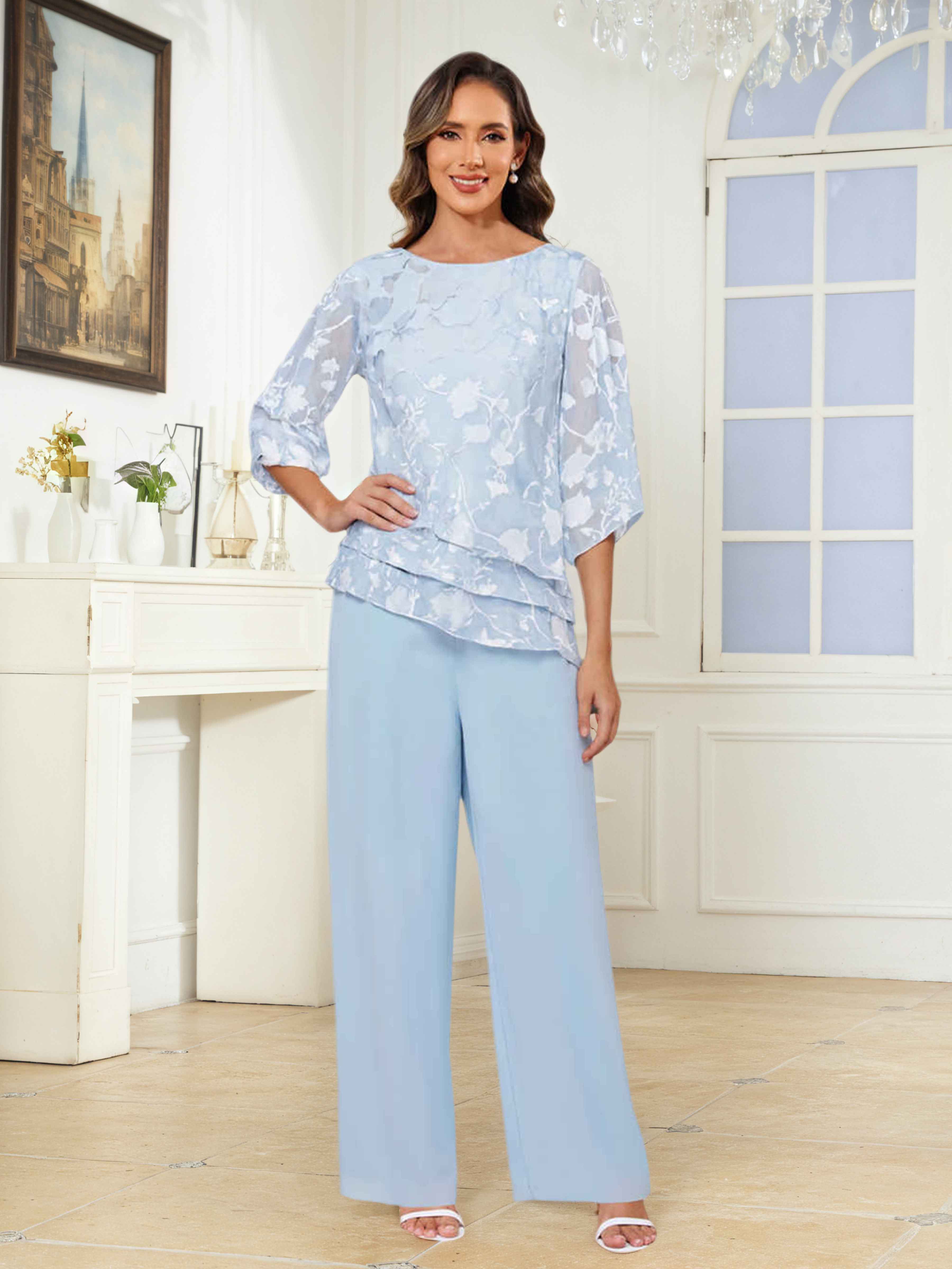 Tailleur-Pantalon Mère De La Mariée 2 Pièces À Col Rond Dentelle Ondine