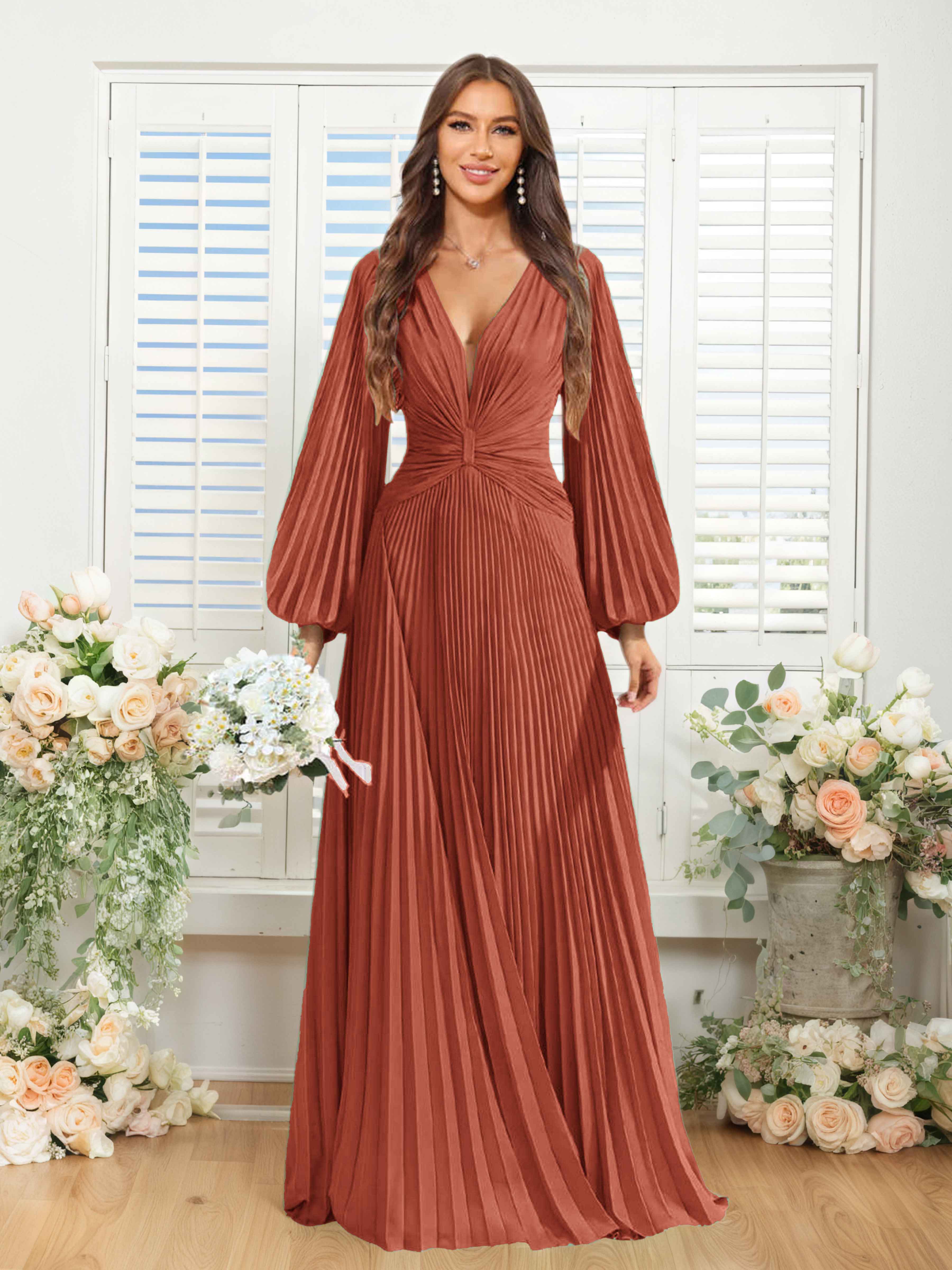 Robes De Demoiselle D'Honneur En Mousseline À Col V Ruché Longue Nerys