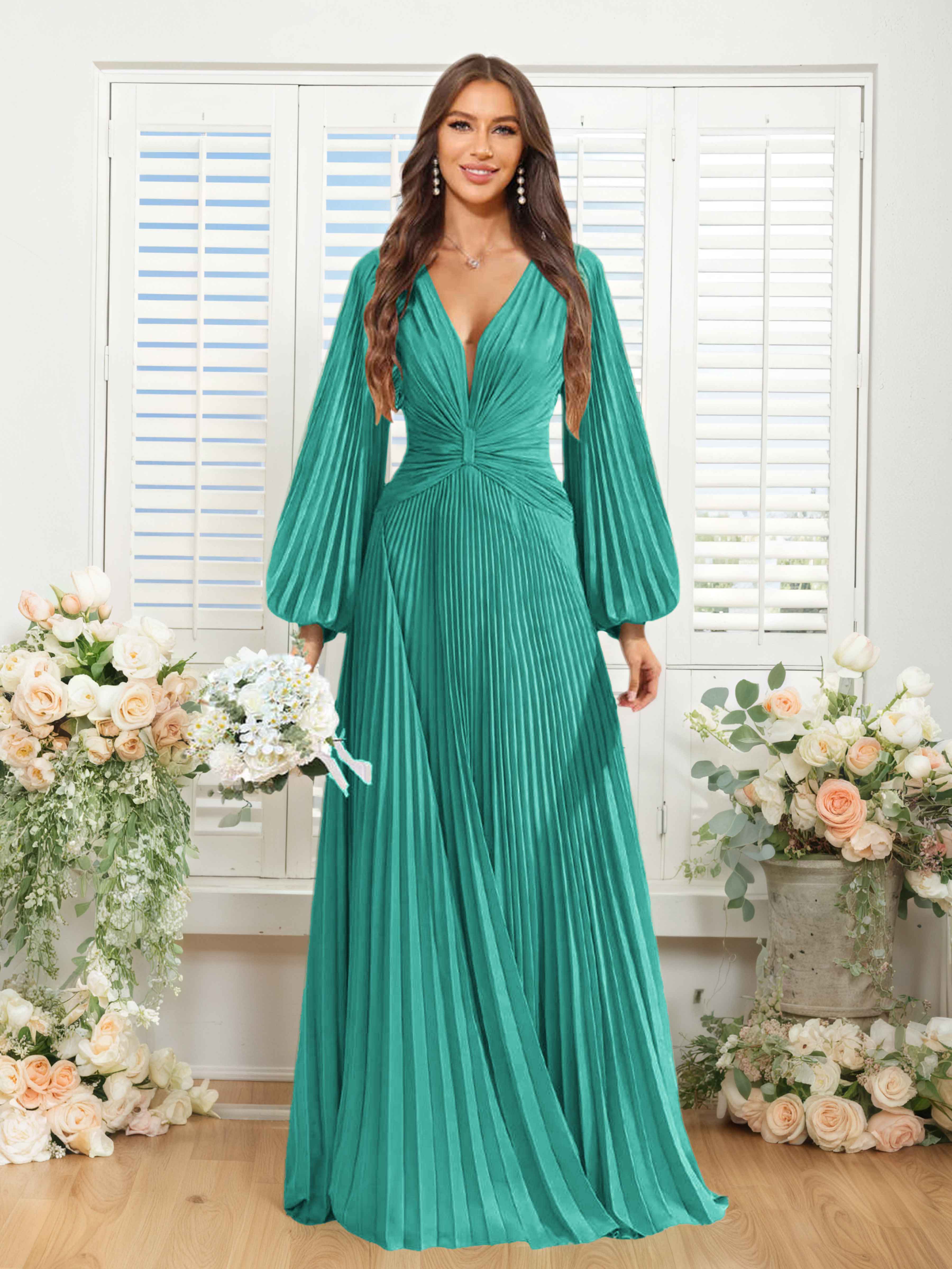 Robes De Demoiselle D'Honneur En Mousseline À Col V Ruché Longue Nerys