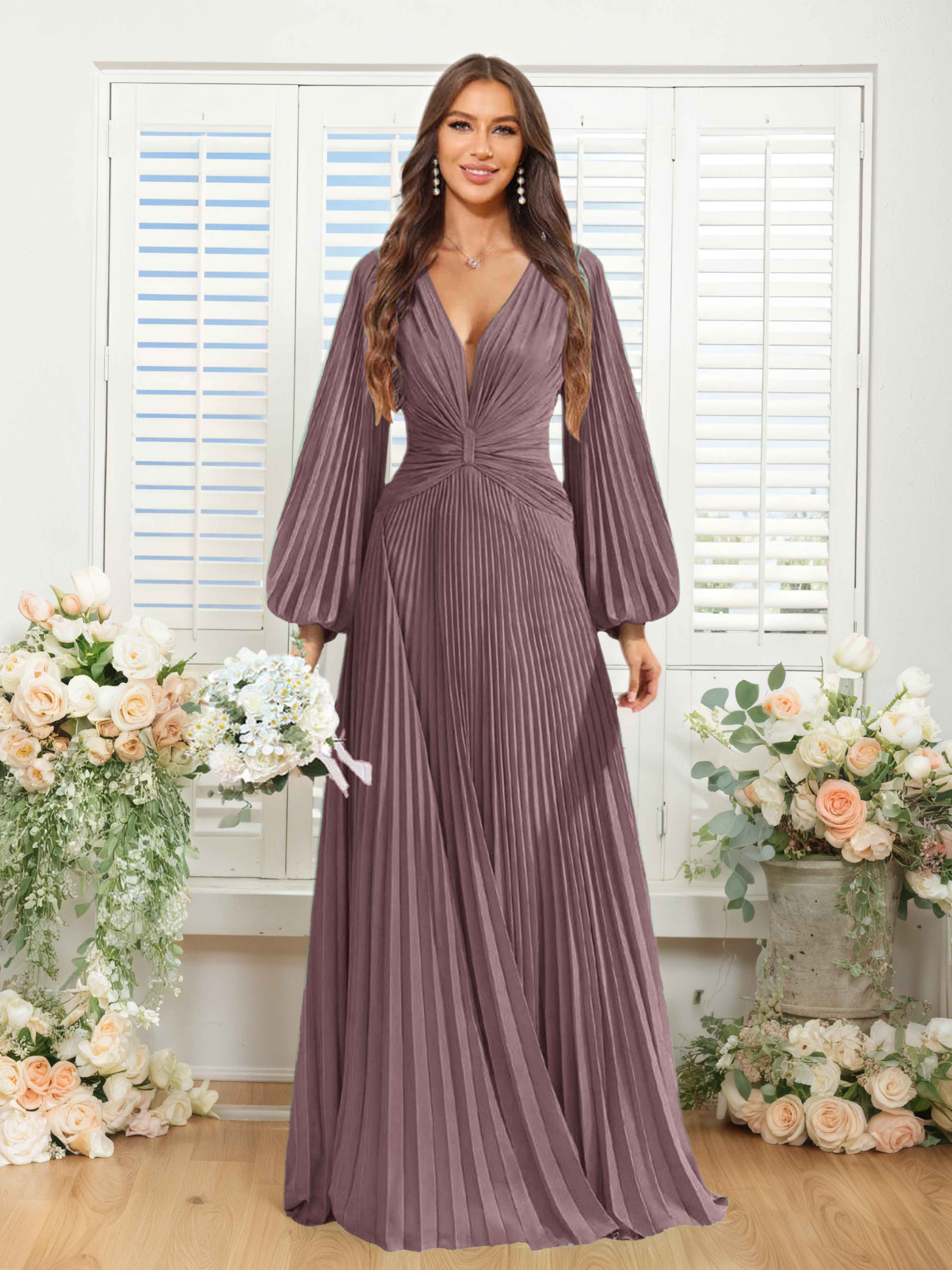 Robes De Demoiselle D'Honneur En Mousseline À Col V Ruché Longue Nerys