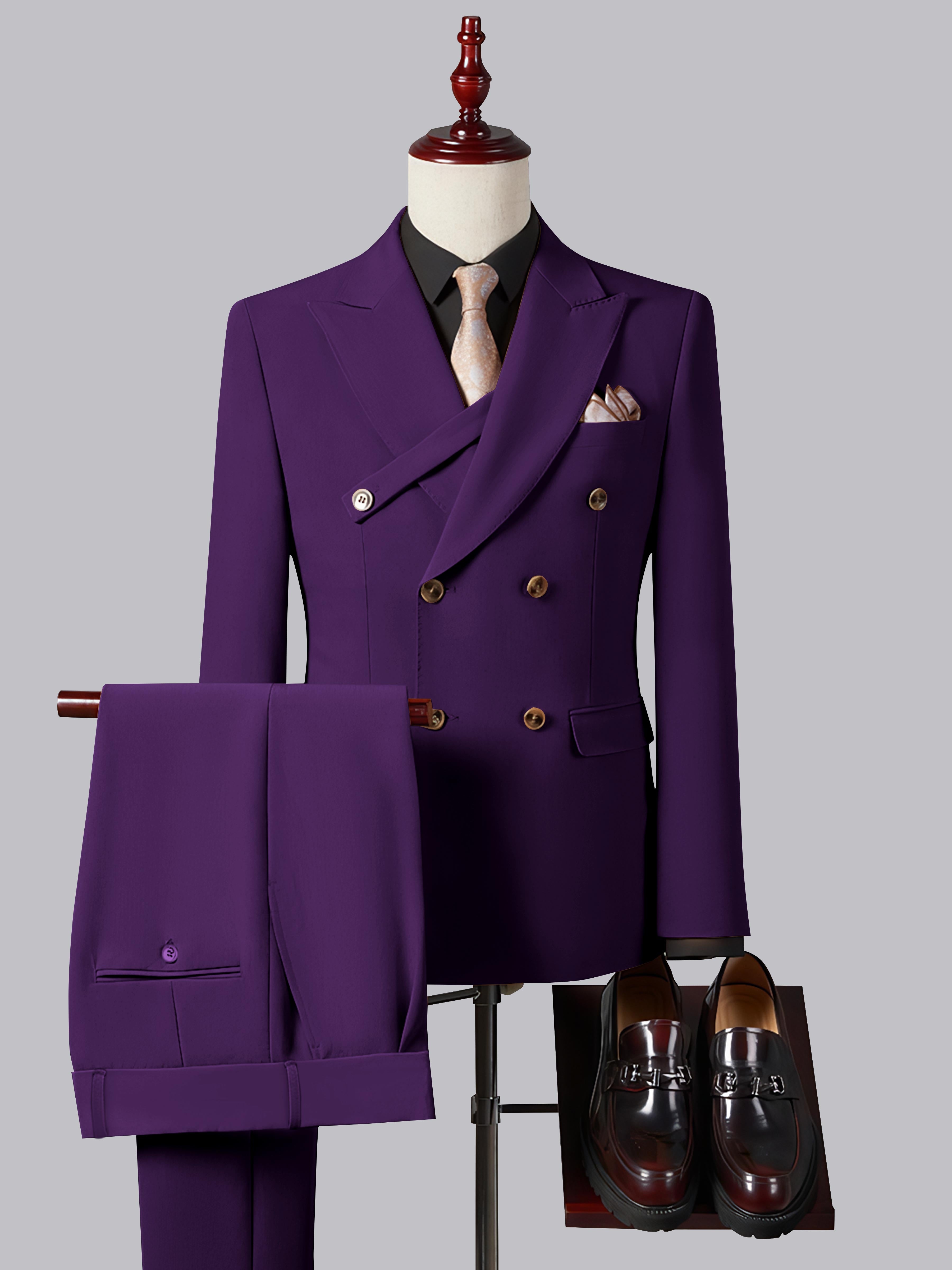 Costume Homme Ajusté Élégant Double Boutonnage Ceinturé À Revers Pointus 2 Pièces