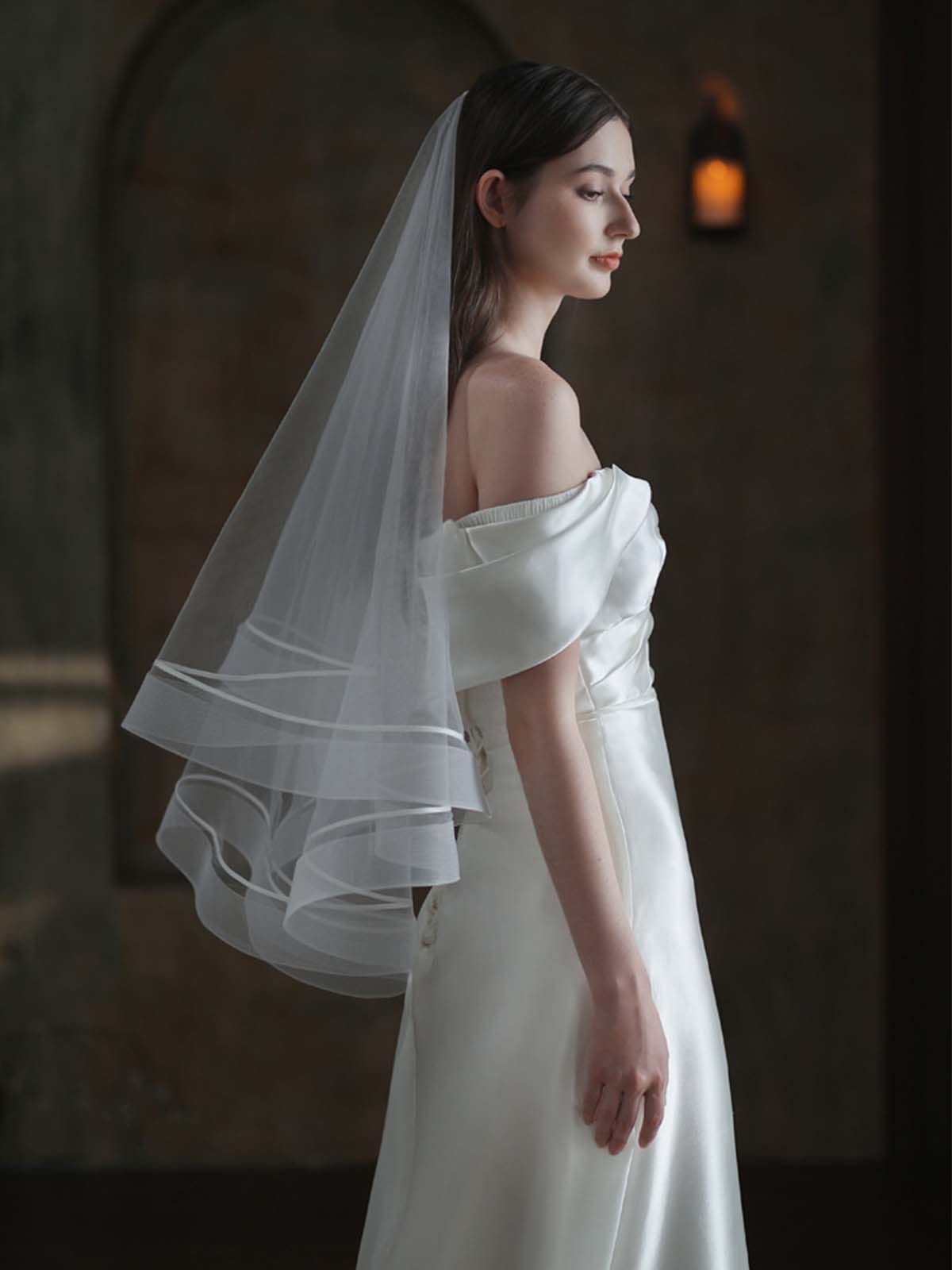 Voile De Mariée Blanc Élégant En Double Maille Extensible
