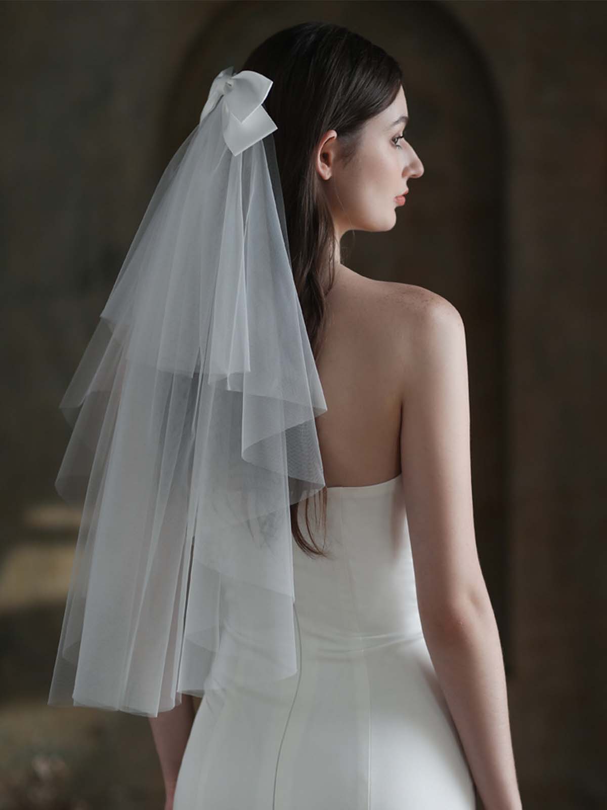 Voile De Mariée Joli En Tulle À Deux Niveaux Avec Nœud
