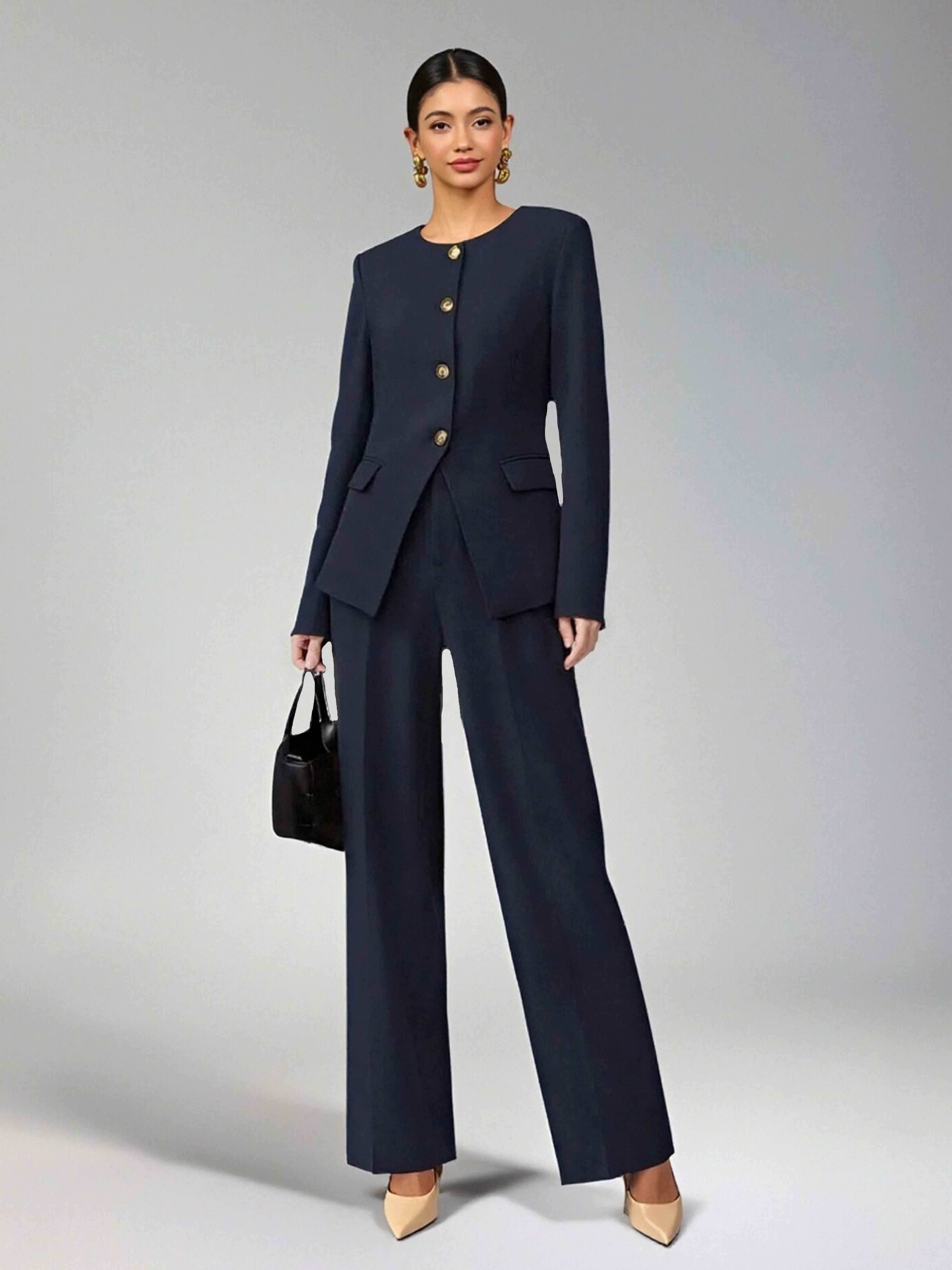 Costume Femme 2 Pièces À Col Rond Simple Quatre Boutons Pour Décontracté