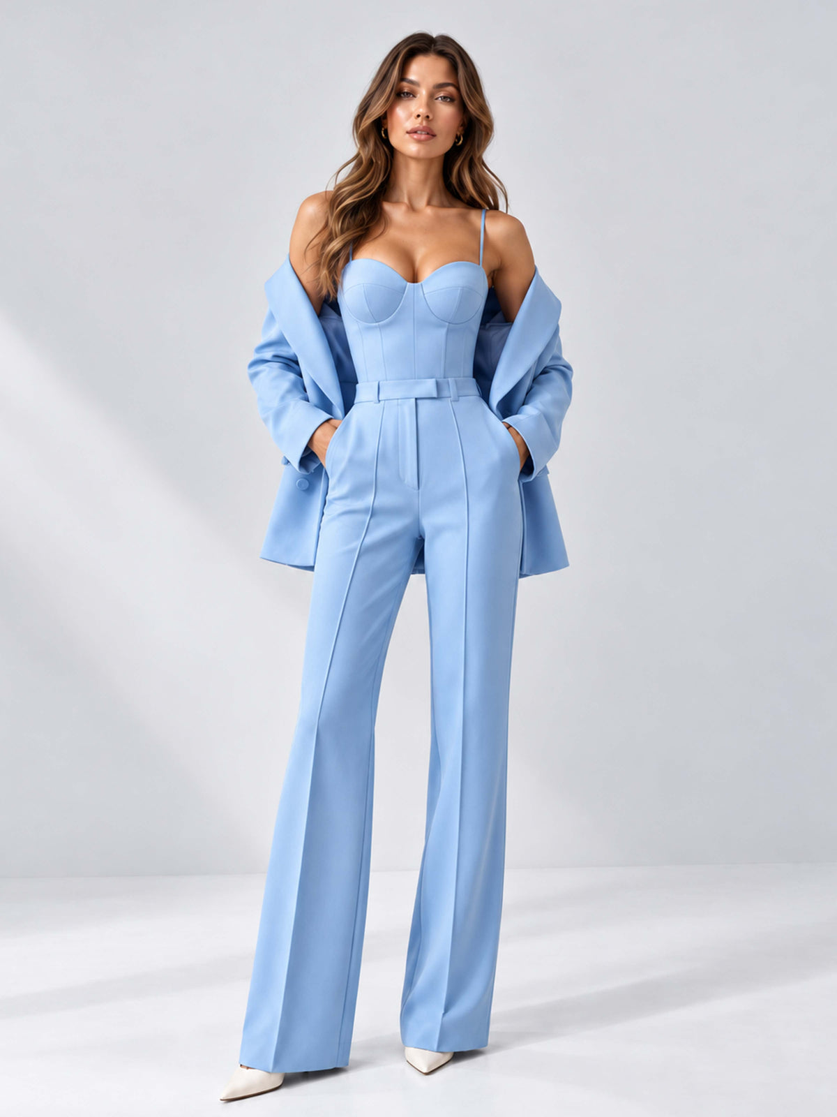 Costume Pantalon Femme 3 Pièces Pour Mariage Avec Blazer, Haut Corset Et Pantalon Évasé