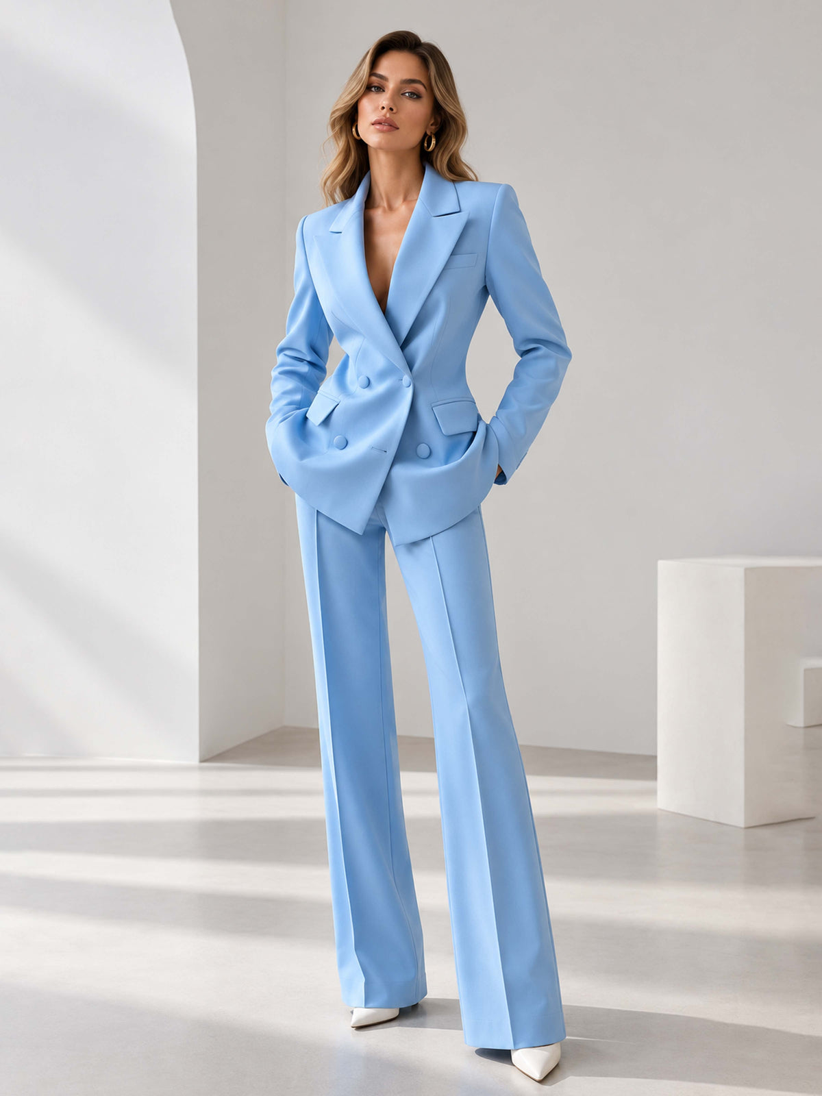Costume Pantalon Femme 3 Pièces Pour Mariage Avec Blazer, Haut Corset Et Pantalon Évasé