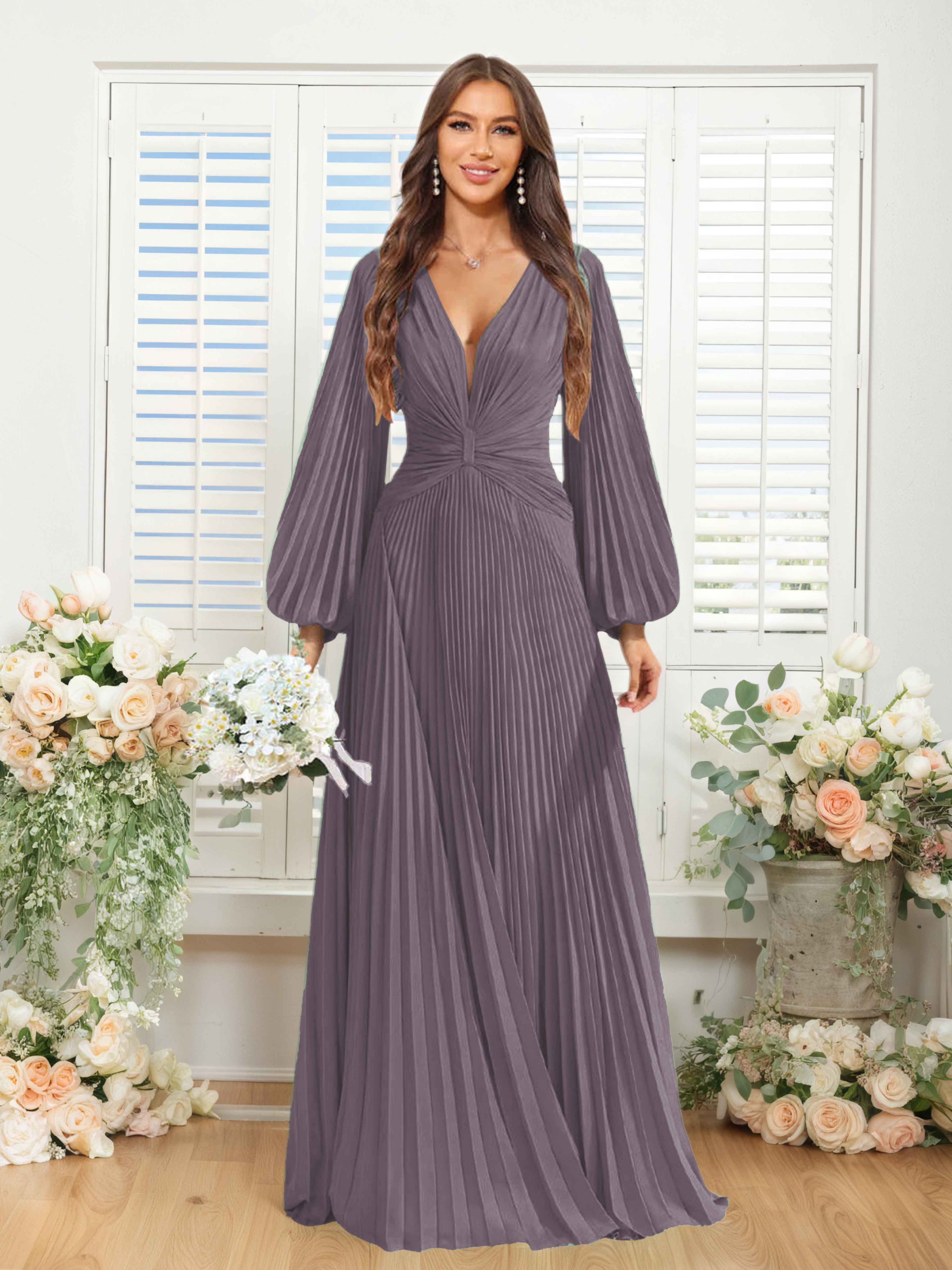 Robes De Demoiselle D'Honneur En Mousseline À Col V Ruché Longue Nerys